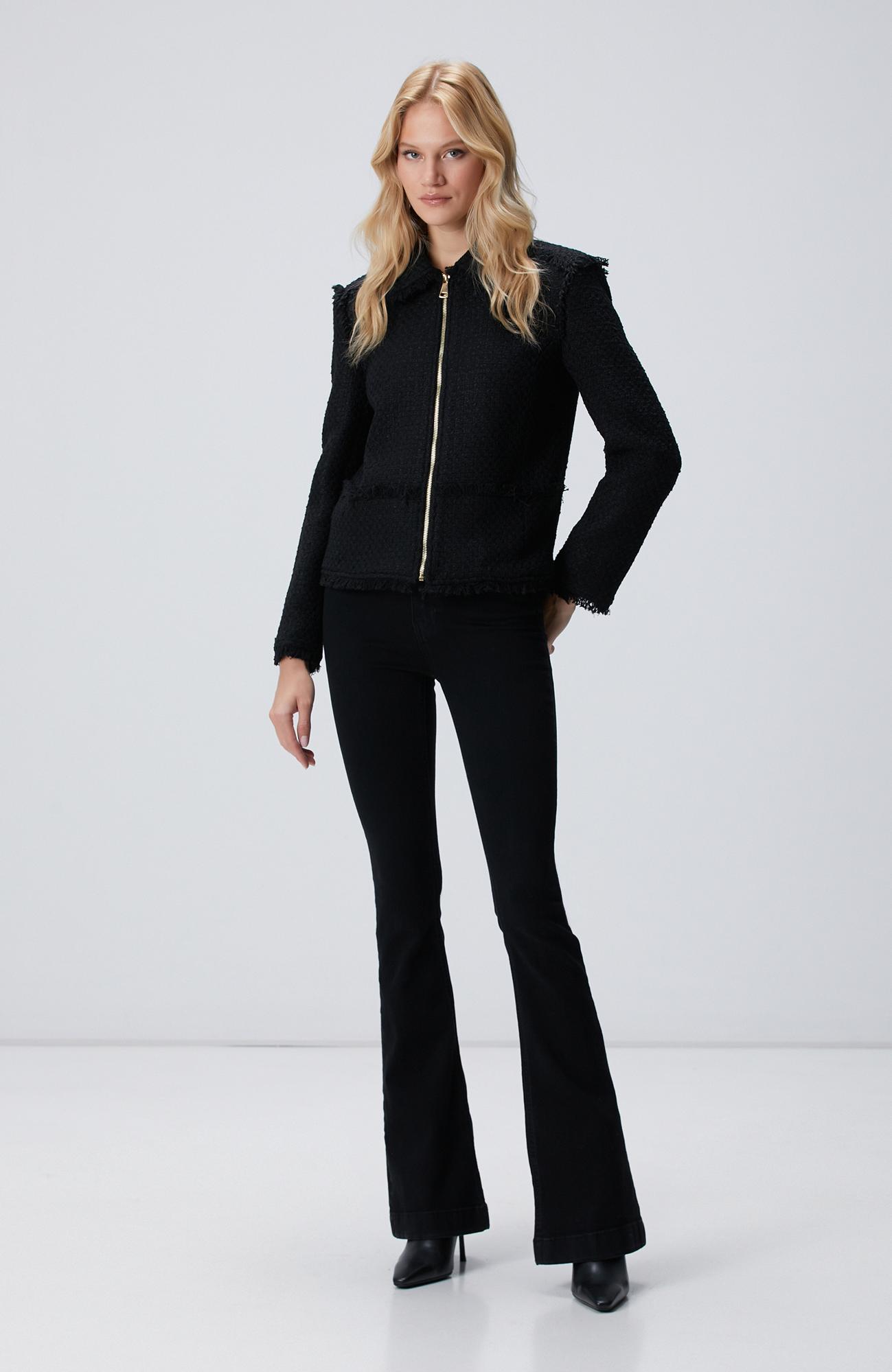 Network Kadın Siyah Fermuarlı Püskül Detaylı Tweed Ceket