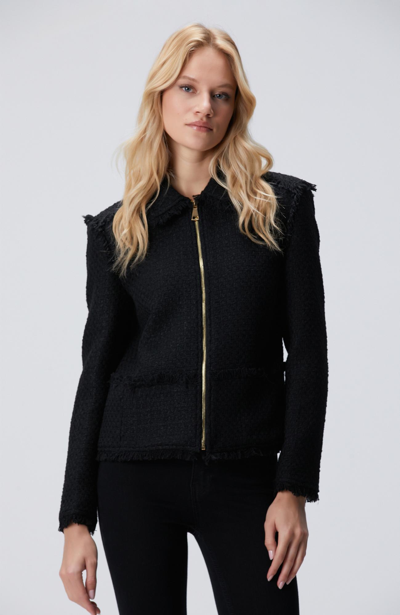 Network Kadın Siyah Fermuarlı Püskül Detaylı Tweed Ceket