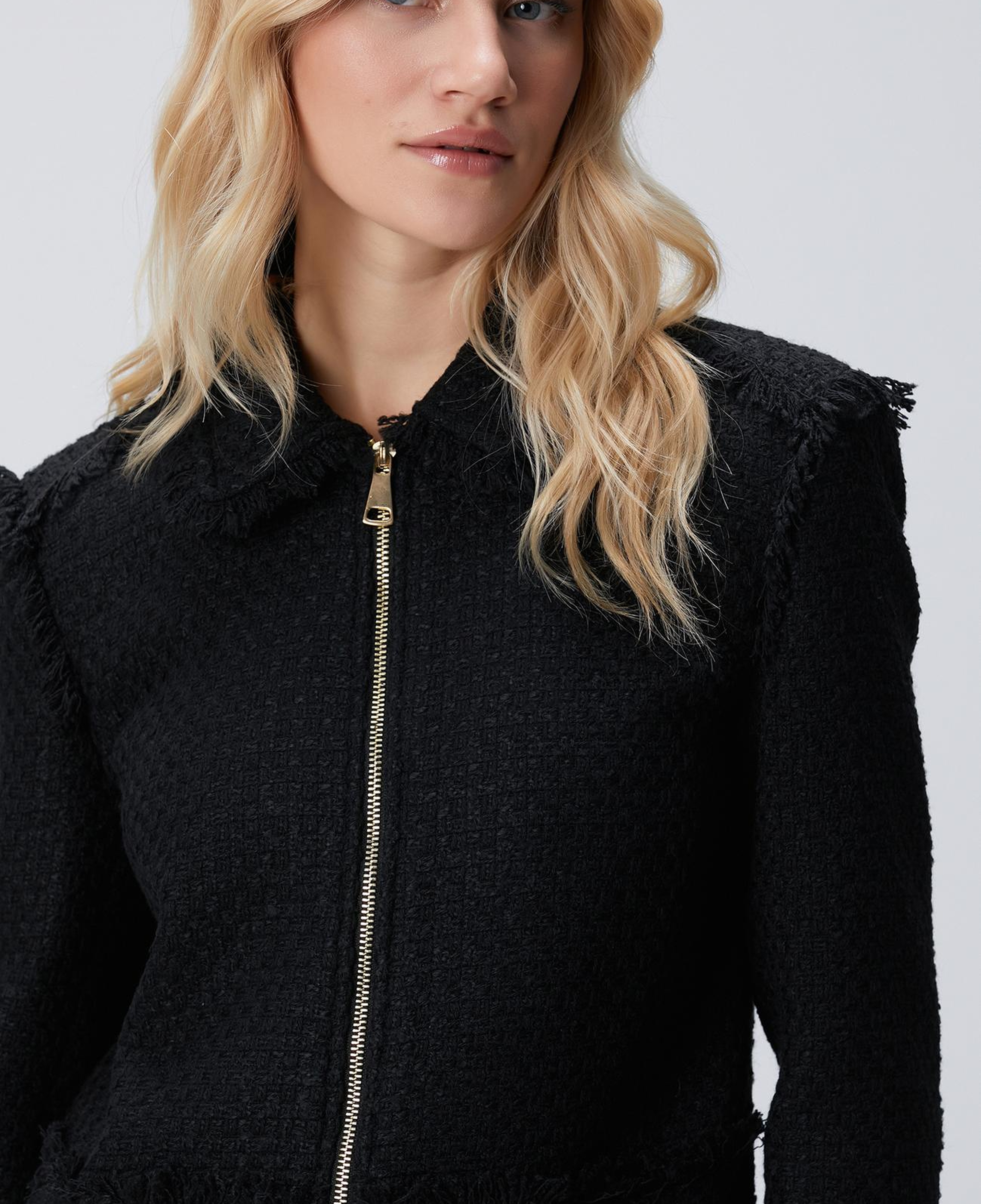 Network Kadın Siyah Fermuarlı Püskül Detaylı Tweed Ceket