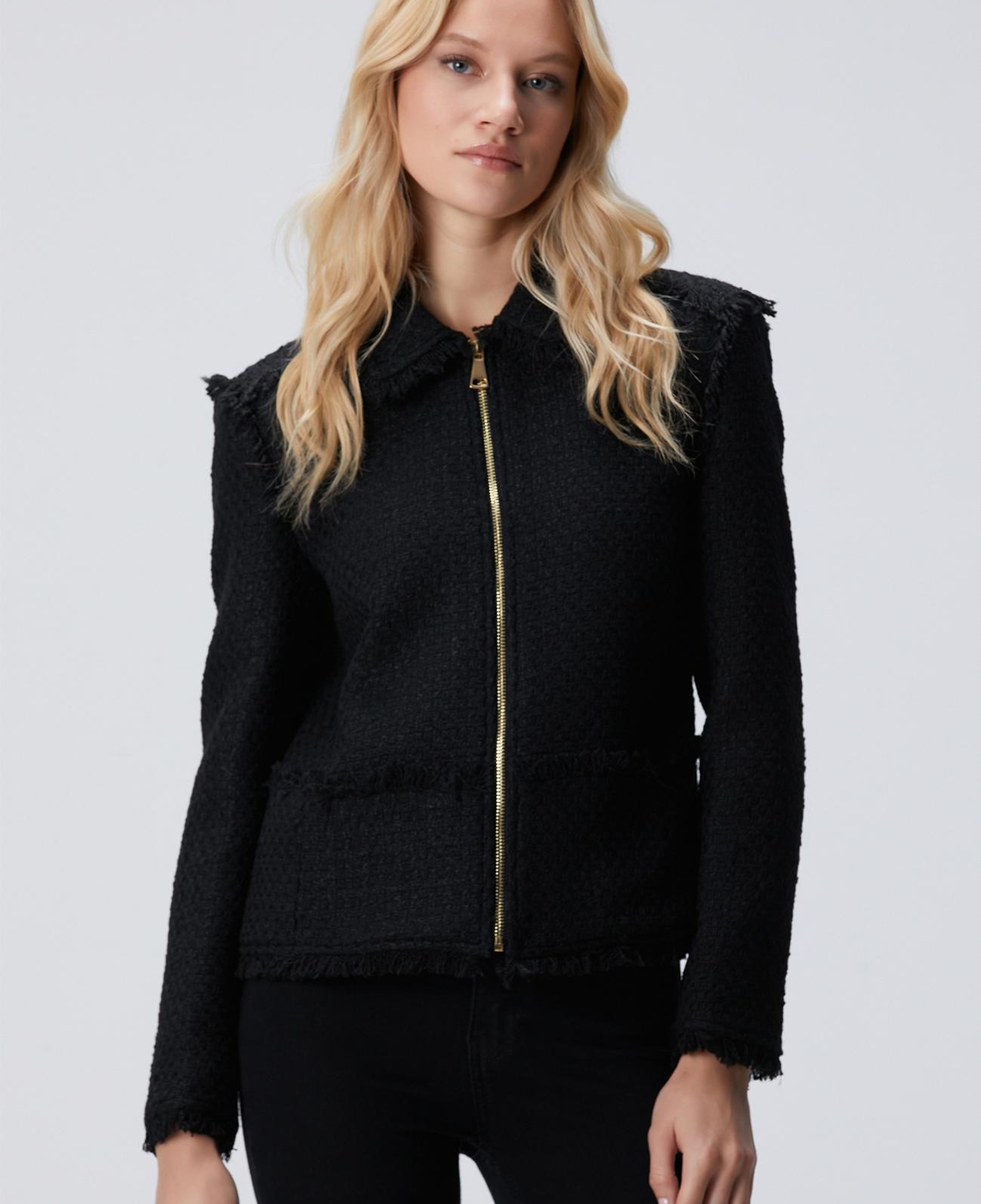 Network Kadın Siyah Fermuarlı Püskül Detaylı Tweed Ceket