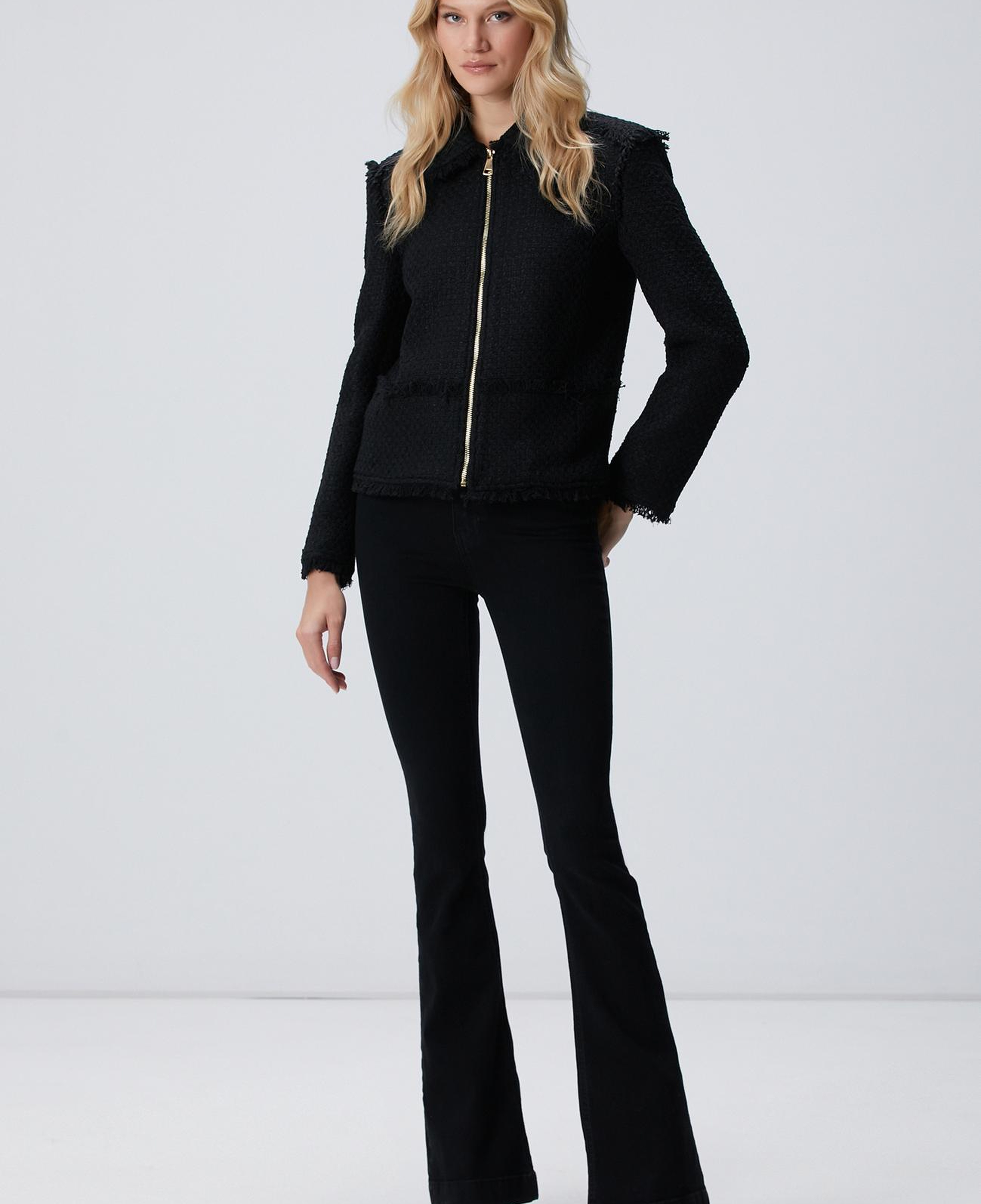 Network Kadın Siyah Fermuarlı Püskül Detaylı Tweed Ceket