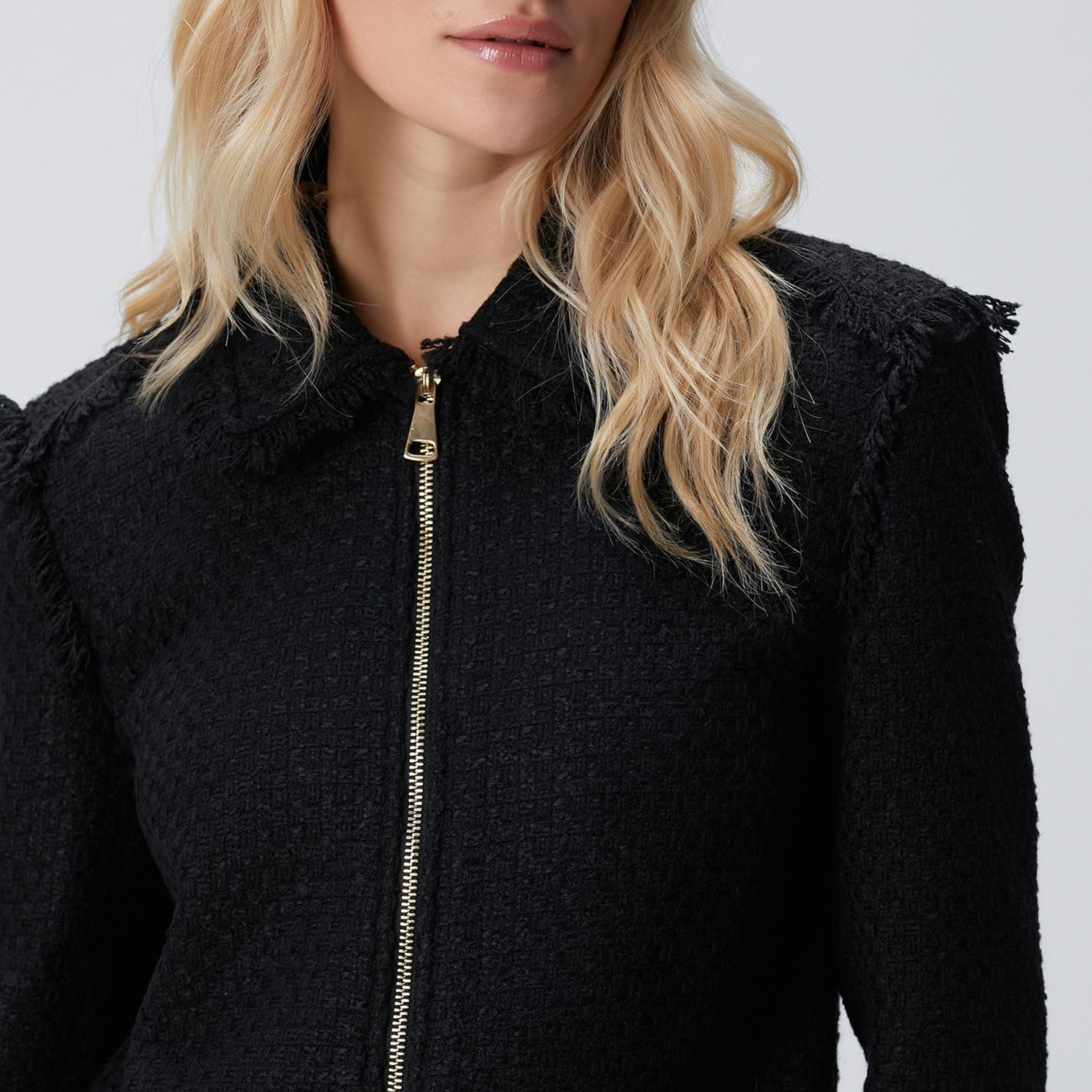 Network Kadın Siyah Fermuarlı Püskül Detaylı Tweed Ceket