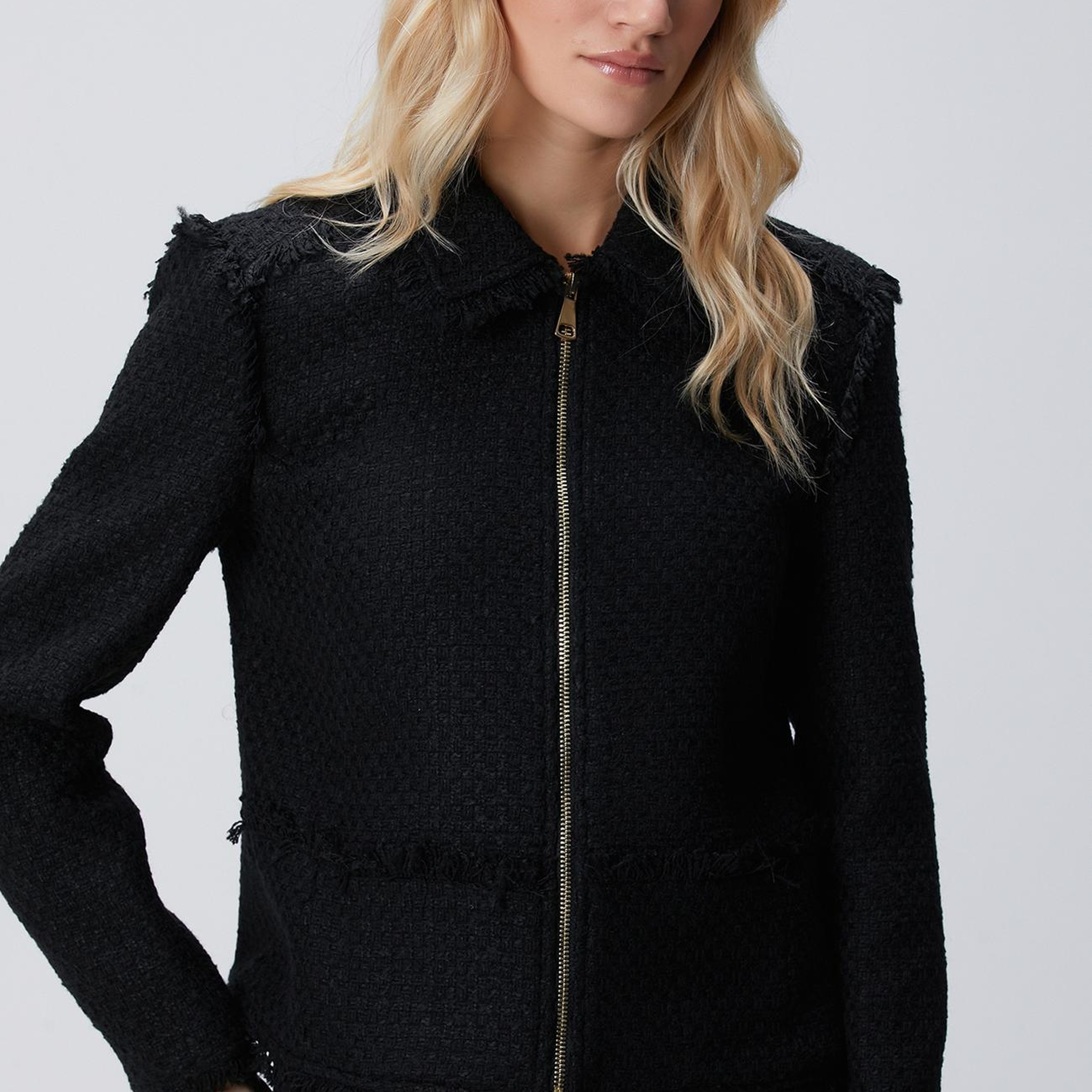 Network Kadın Siyah Fermuarlı Püskül Detaylı Tweed Ceket