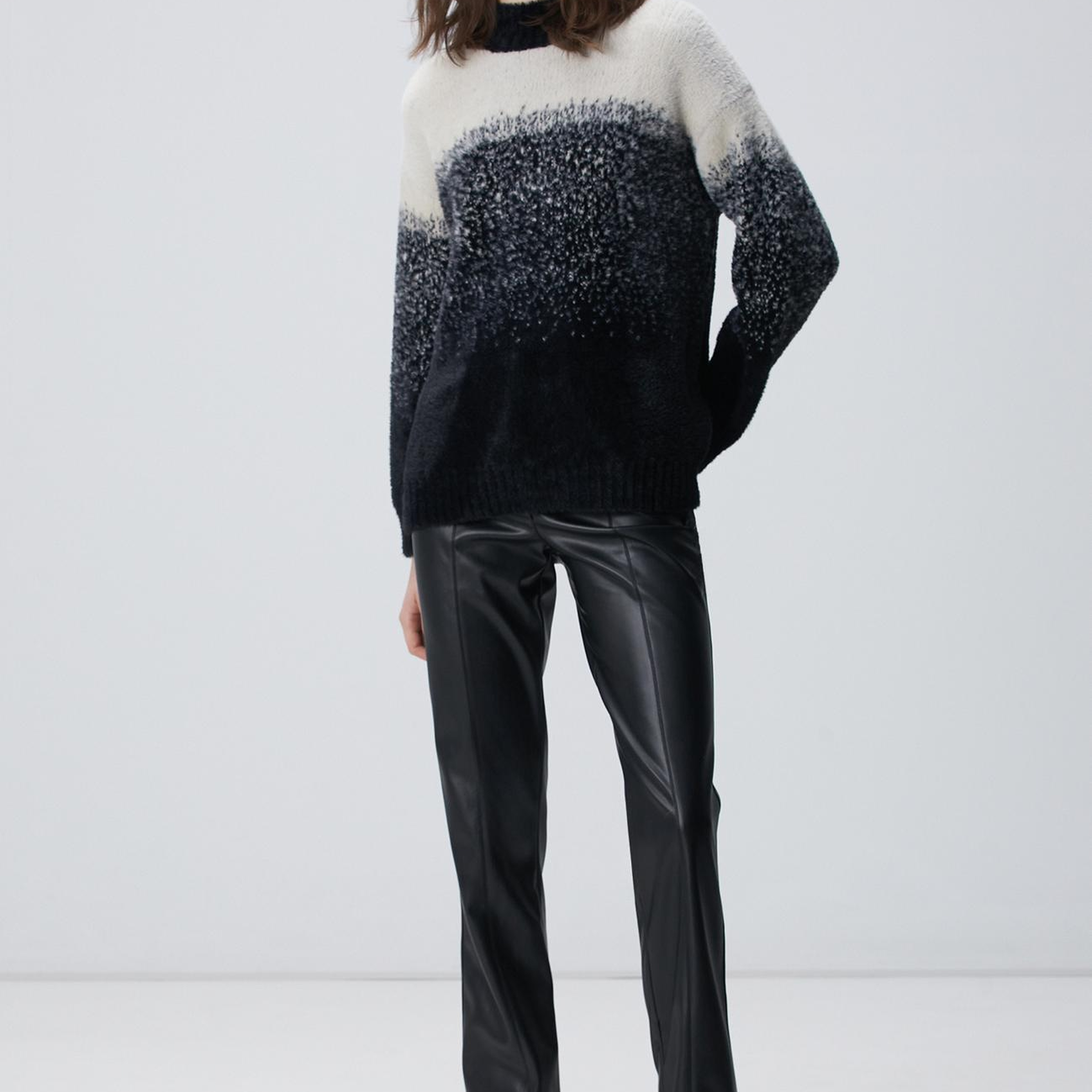 Network Kadın Siyah Yarım Balıkçı Desenli Sakal İp Kazak