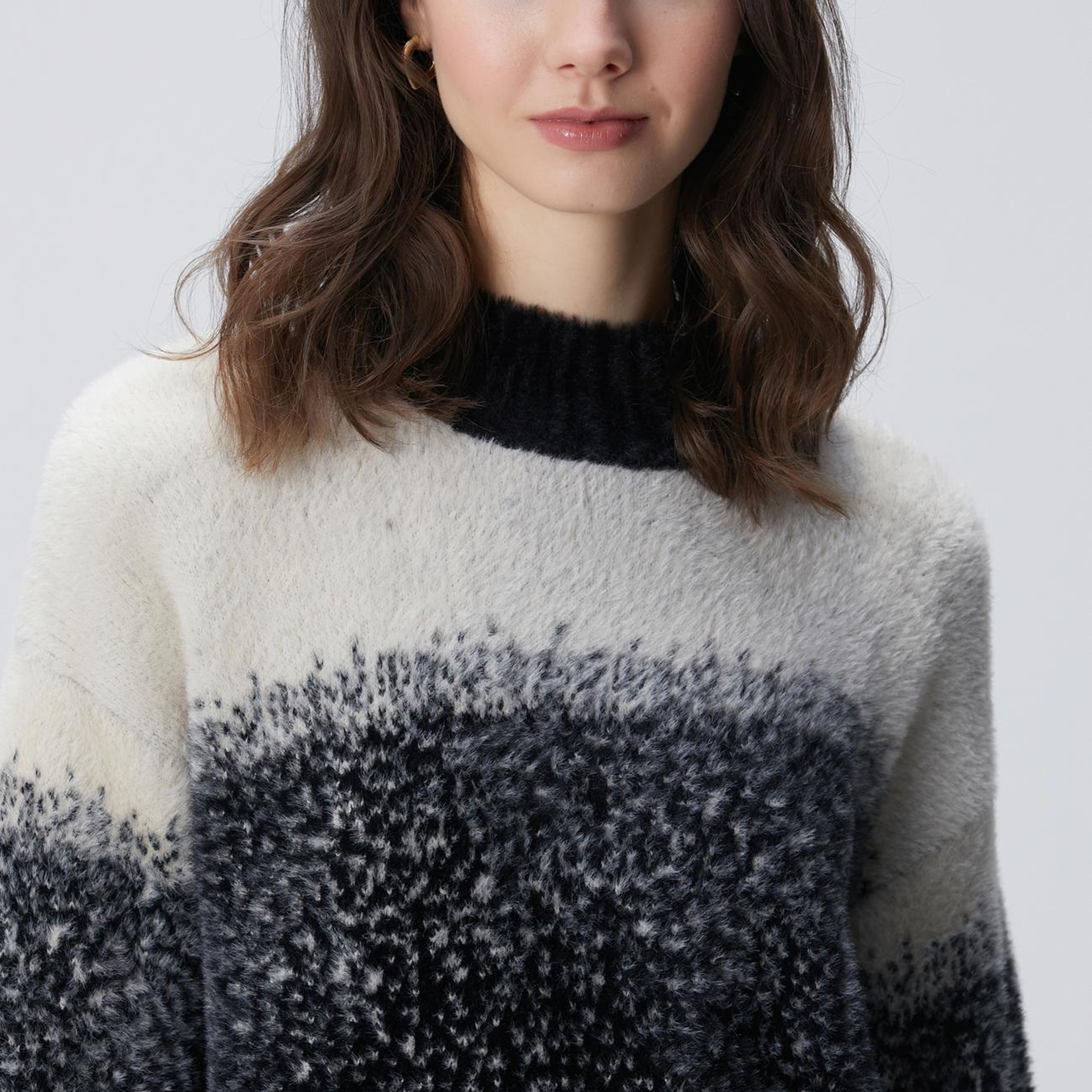 Network Kadın Siyah Yarım Balıkçı Desenli Sakal İp Kazak