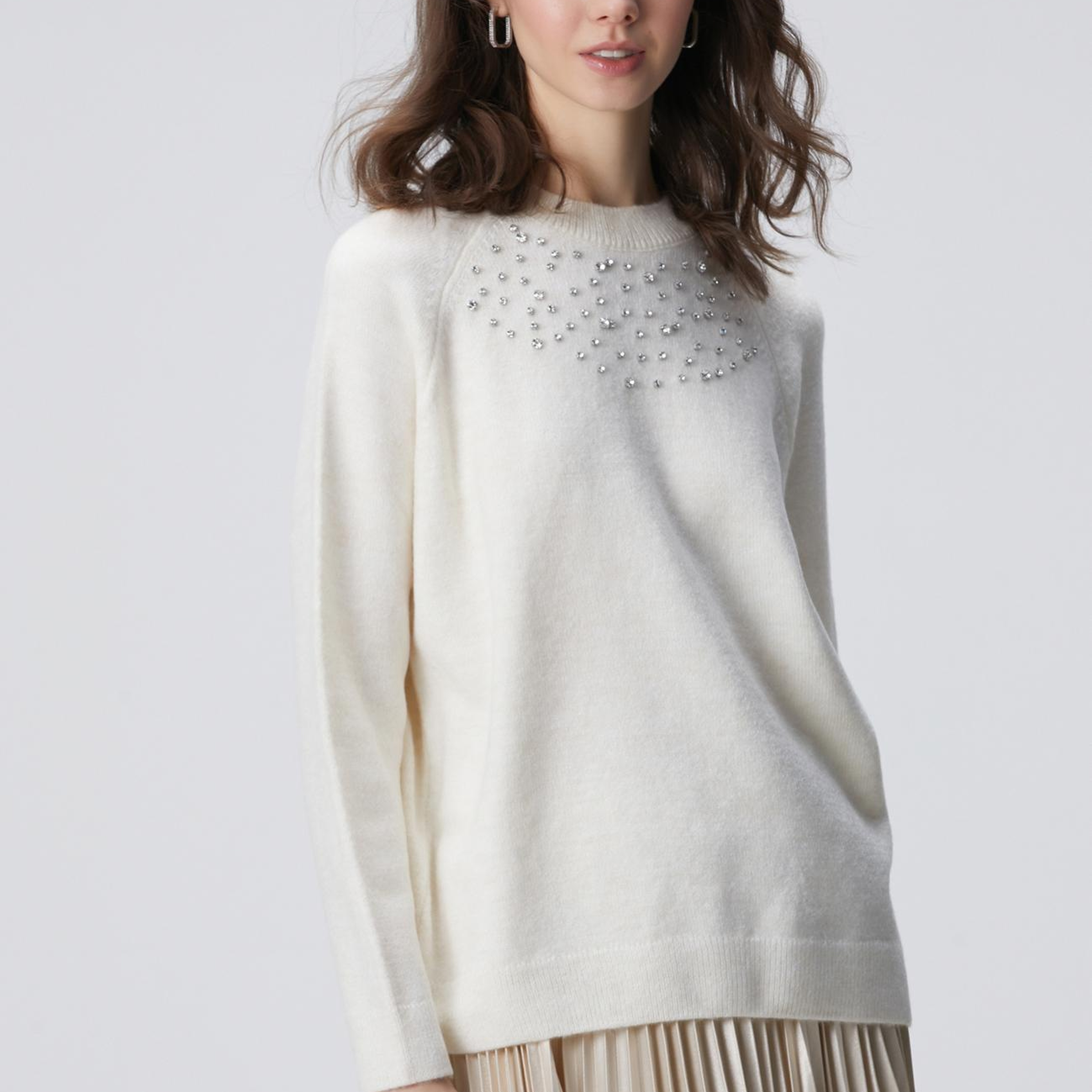 Network Kadın Kırık Beyaz Bisiklet Yaka Taş İşlemeli Kazak