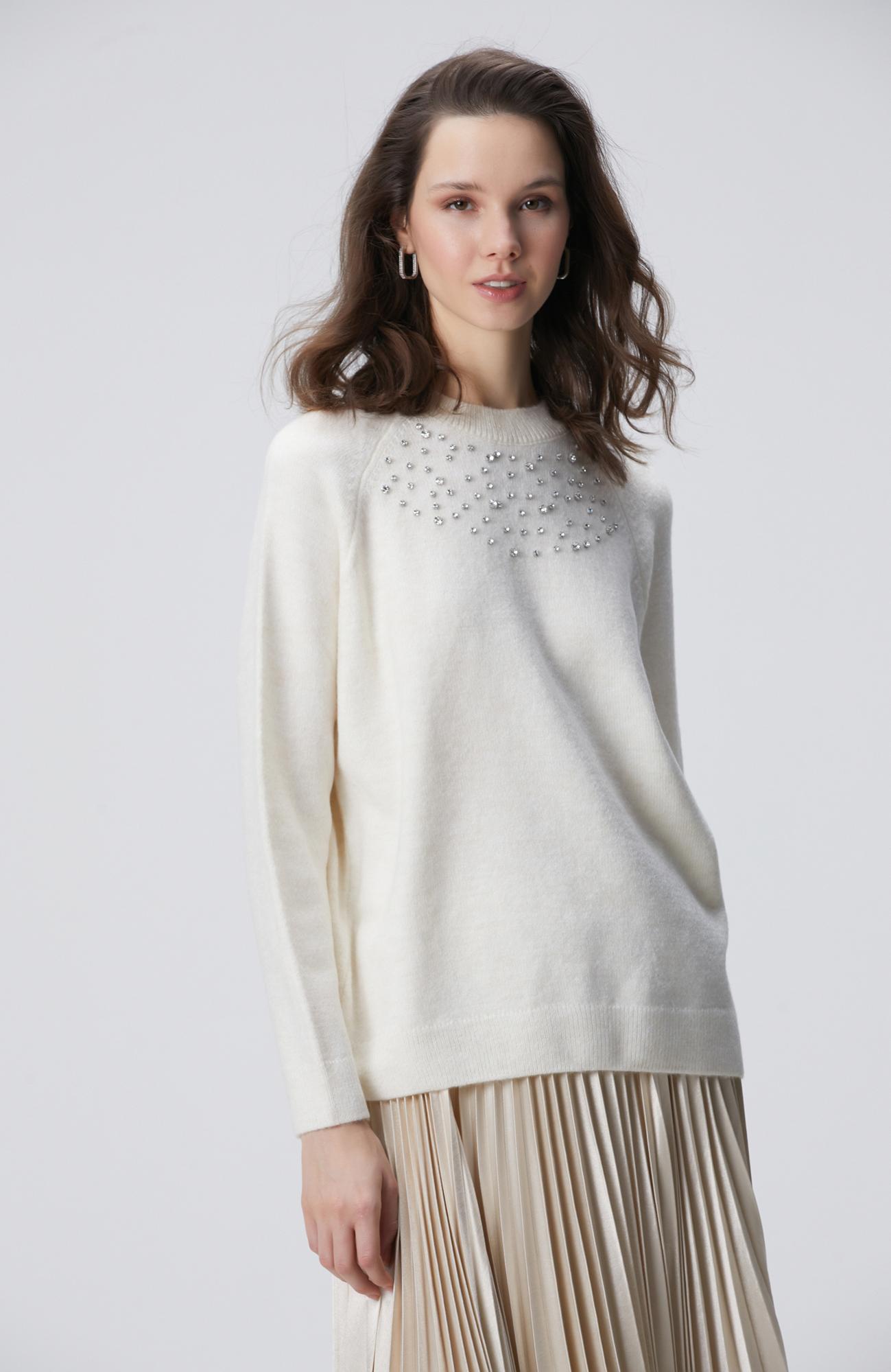 Network Kadın Kırık Beyaz Bisiklet Yaka Taş İşlemeli Kazak