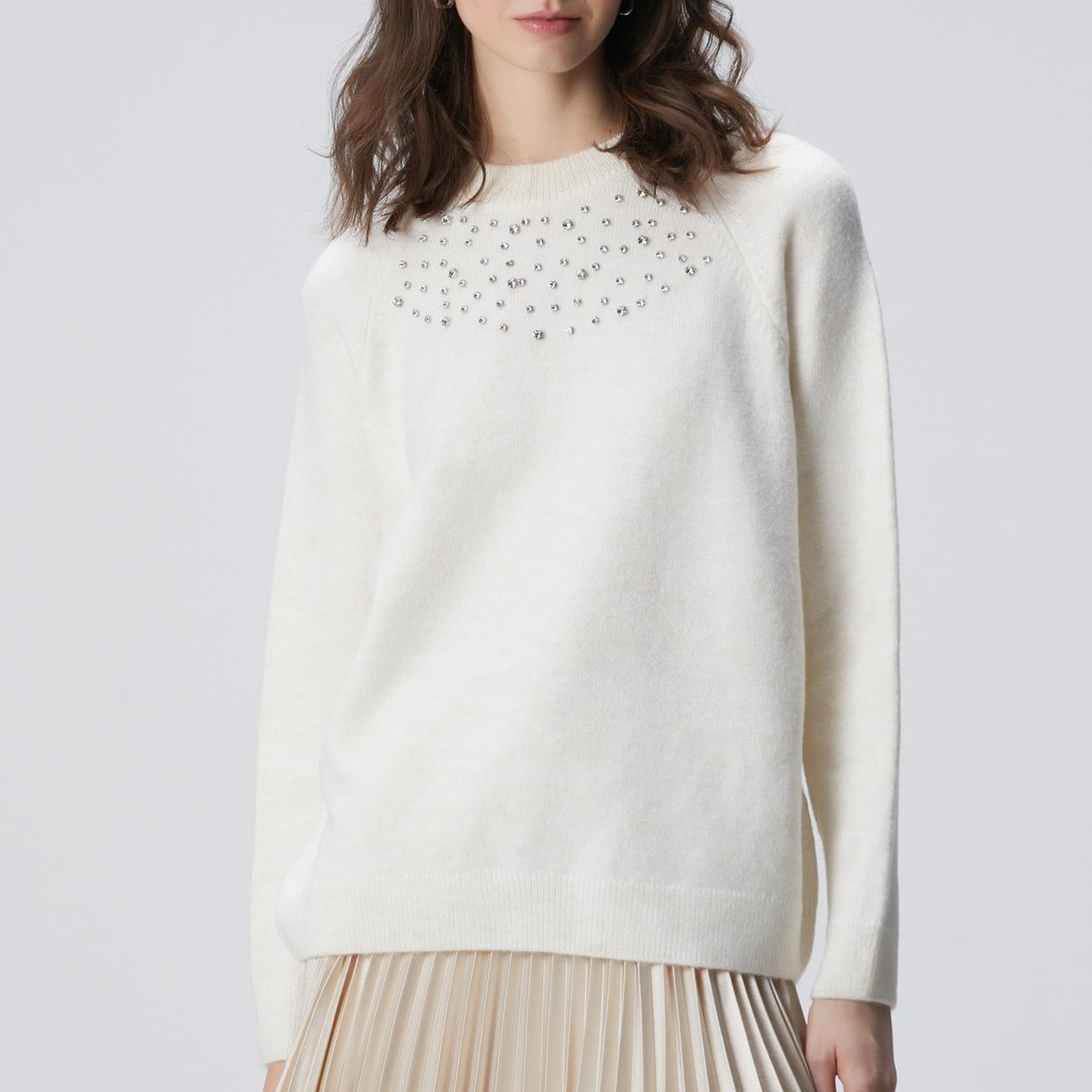 Network Kadın Kırık Beyaz Bisiklet Yaka Taş İşlemeli Kazak