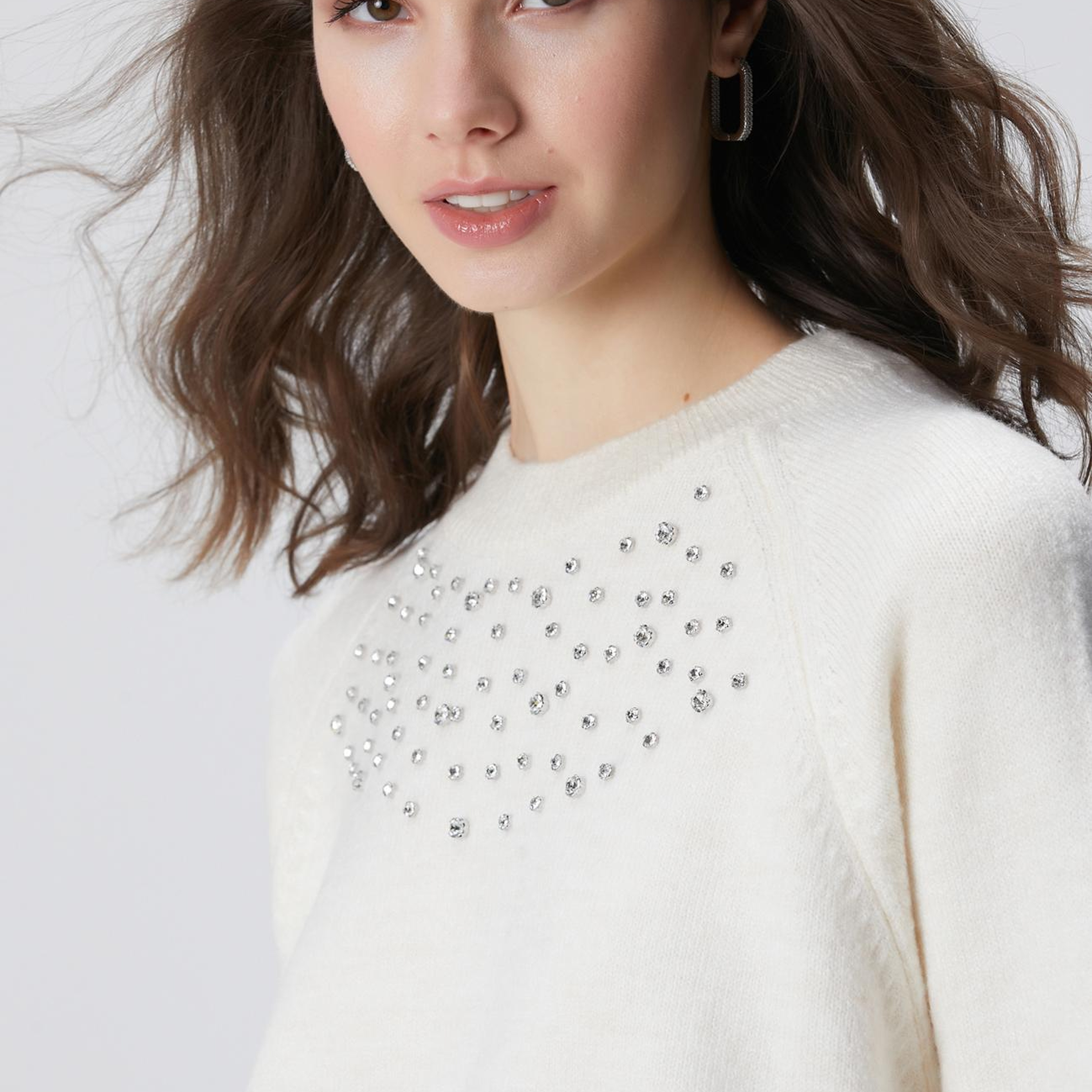 Network Kadın Kırık Beyaz Bisiklet Yaka Taş İşlemeli Kazak