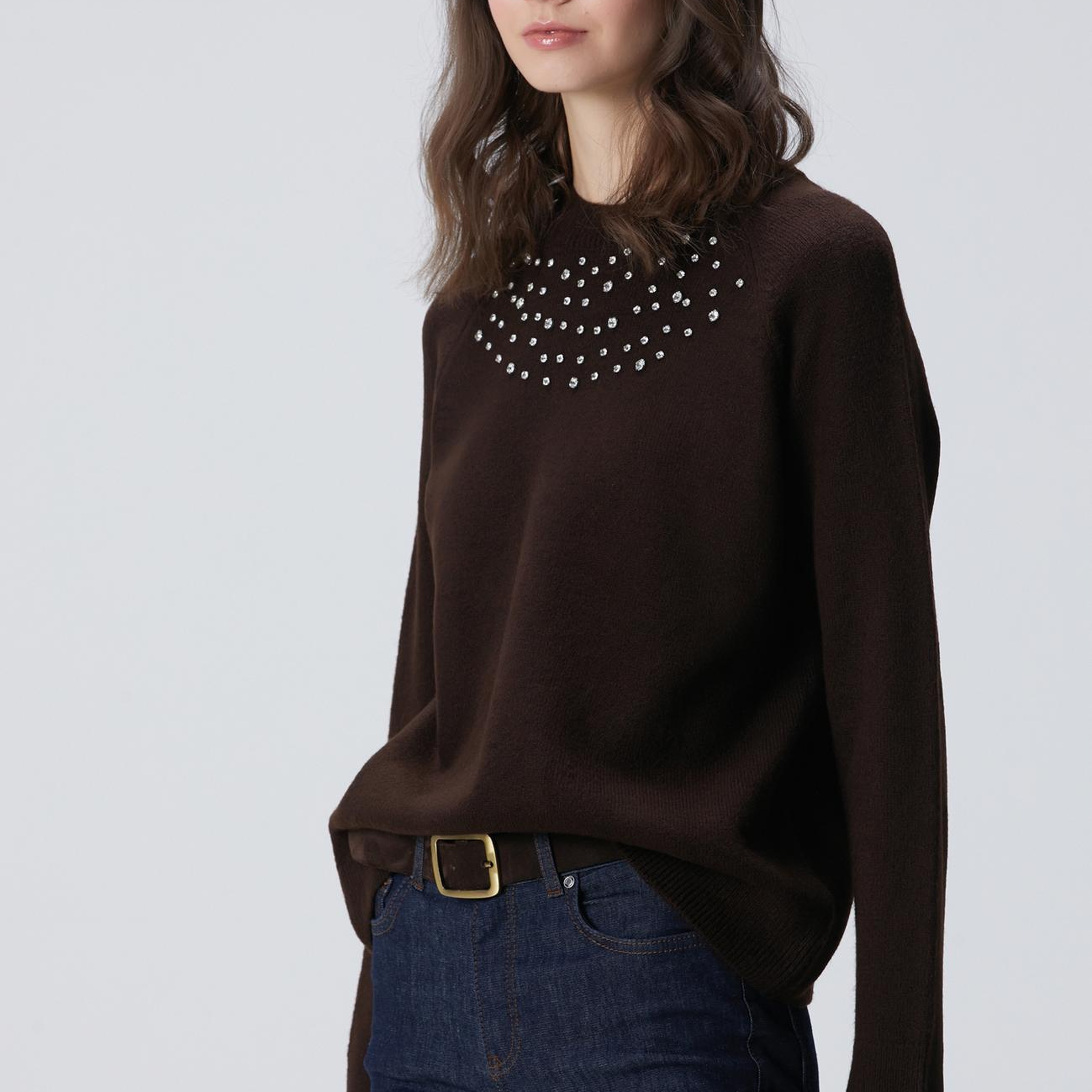 Network Kadın Kahverengi Bisiklet Yaka Taş İşlemeli Kazak