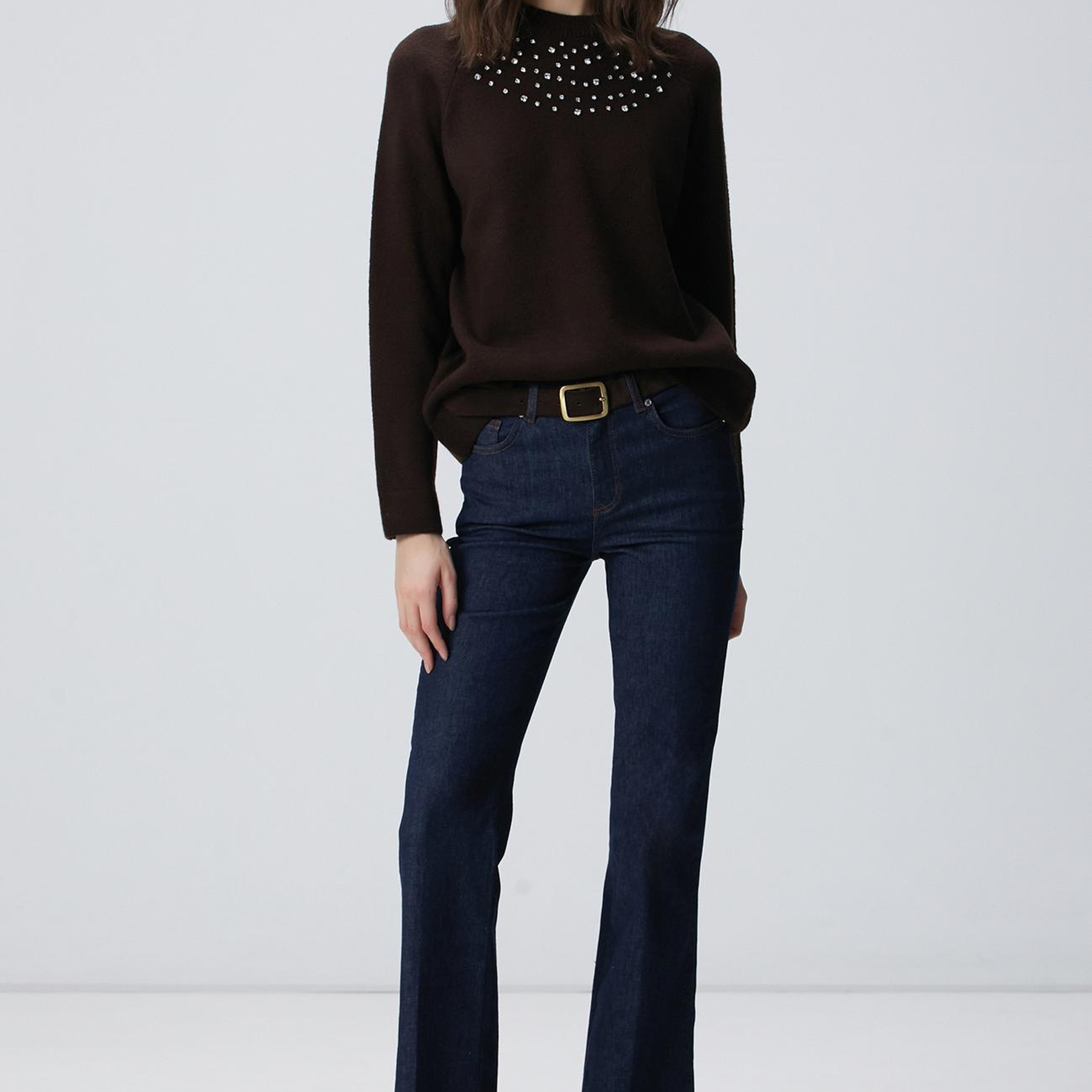 Network Kadın Kahverengi Bisiklet Yaka Taş İşlemeli Kazak