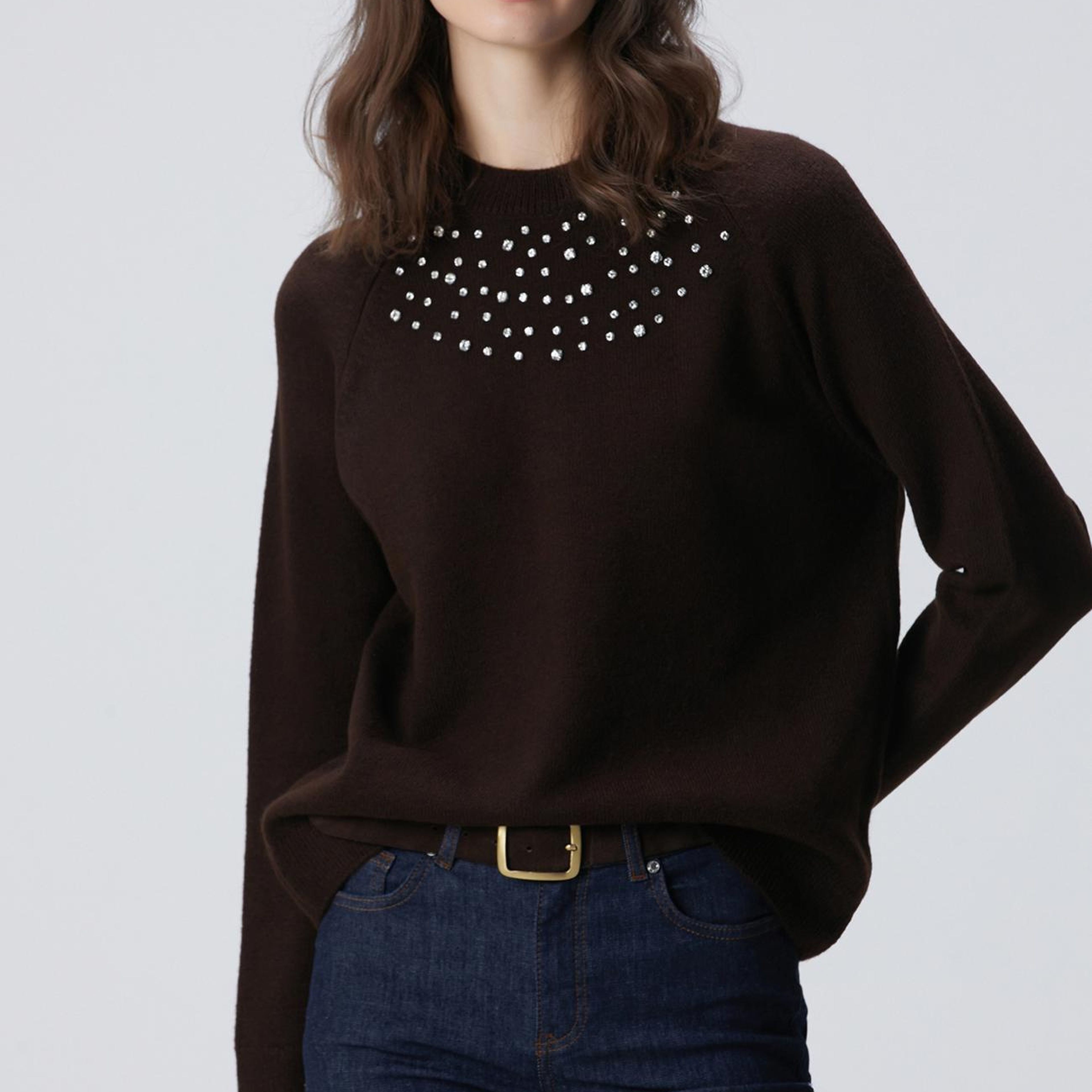 Network Kadın Kahverengi Bisiklet Yaka Taş İşlemeli Kazak