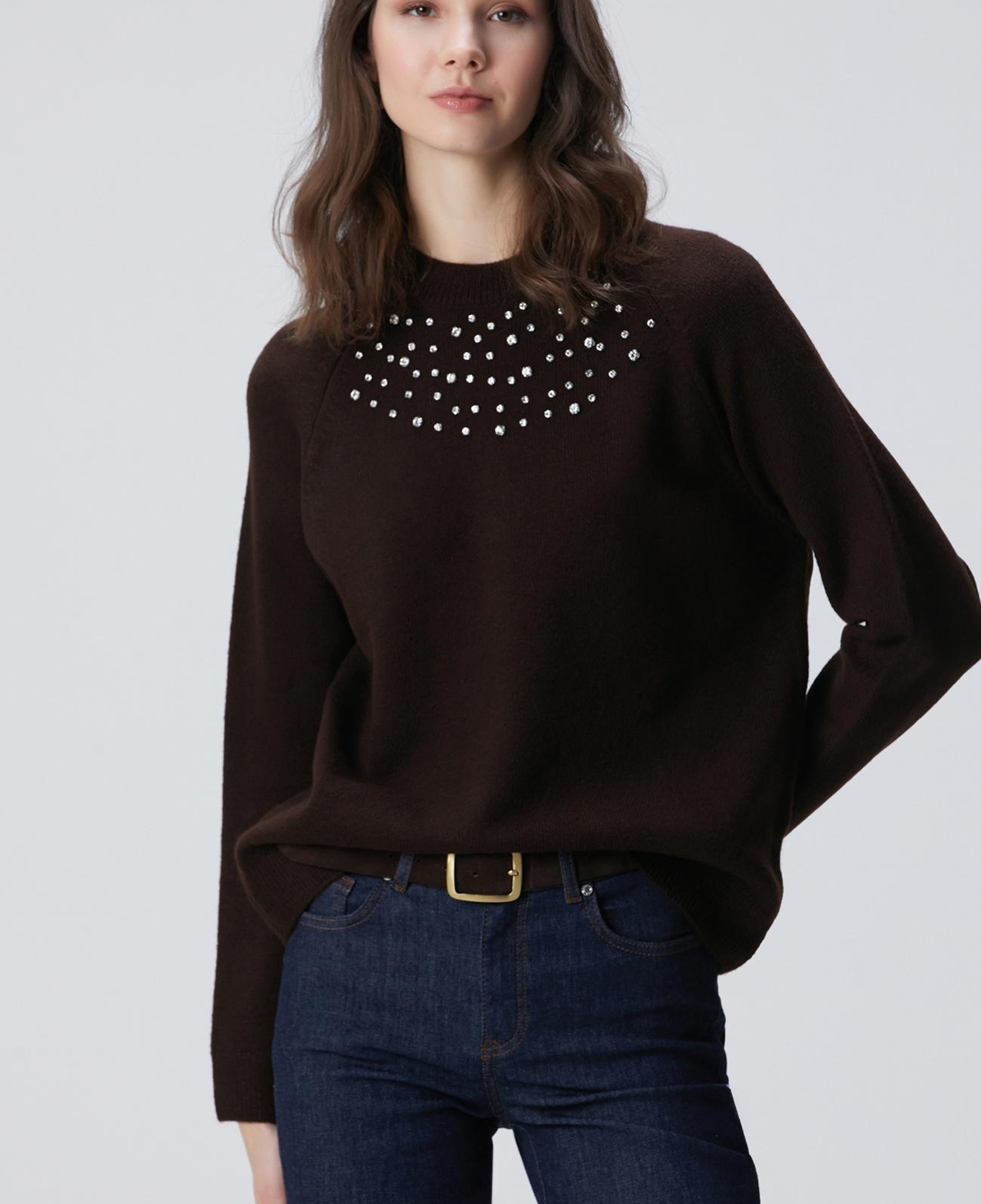 Network Kadın Kahverengi Bisiklet Yaka Taş İşlemeli Kazak