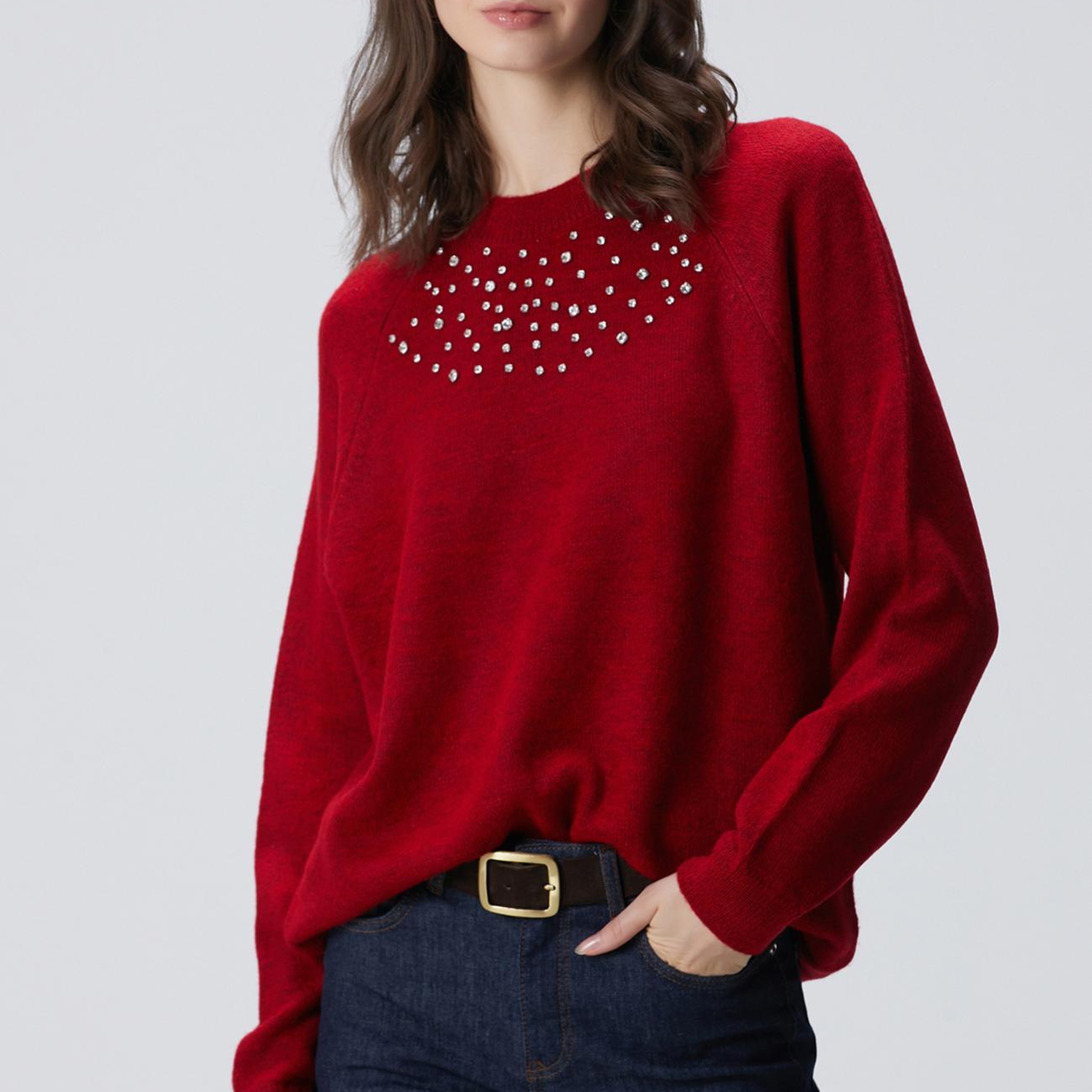 Network Kadın Kırmızı Bisiklet Yaka Taş İşlemeli Kazak