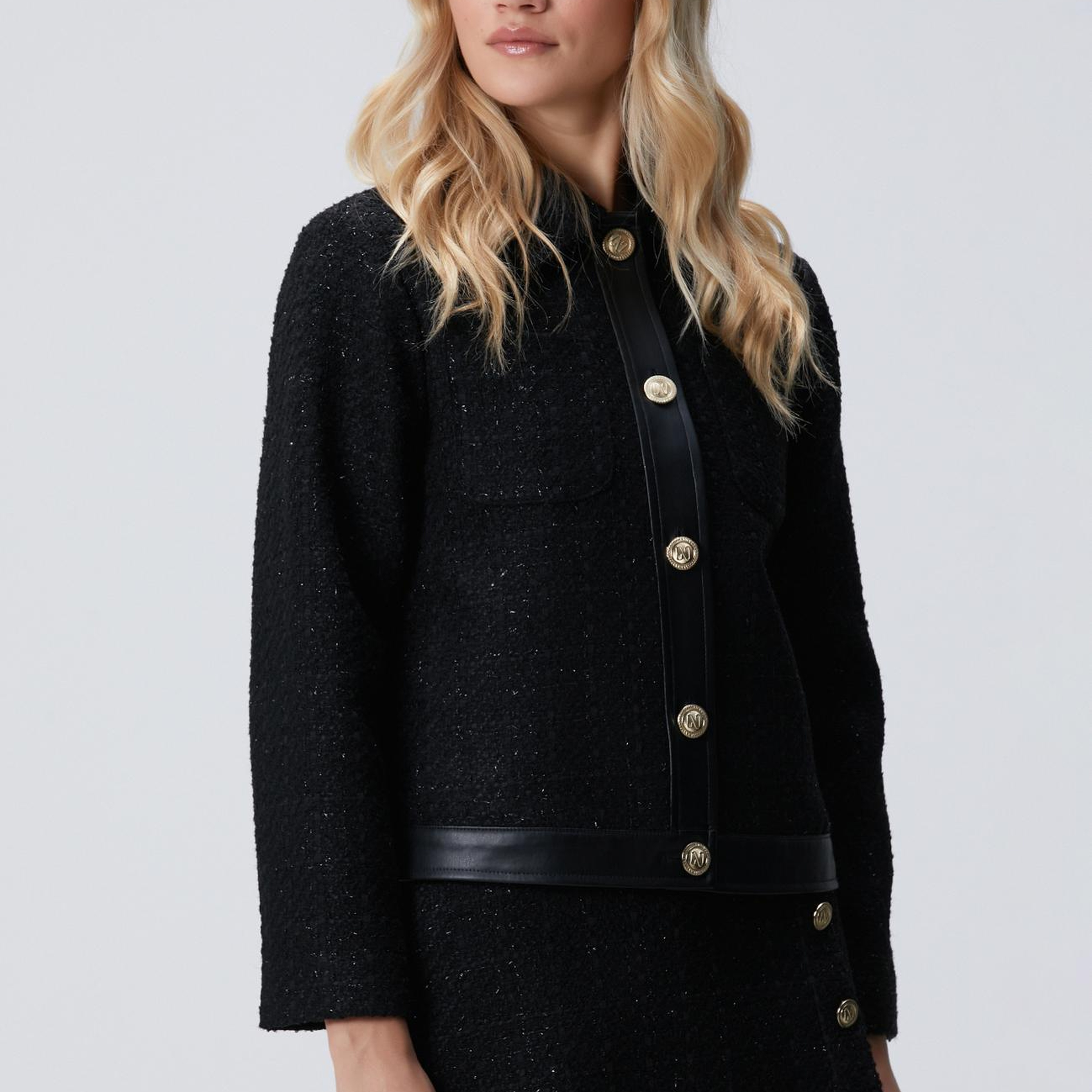 Network Kadın Siyah Düğmeli Garnili Kısa Tweed Ceket