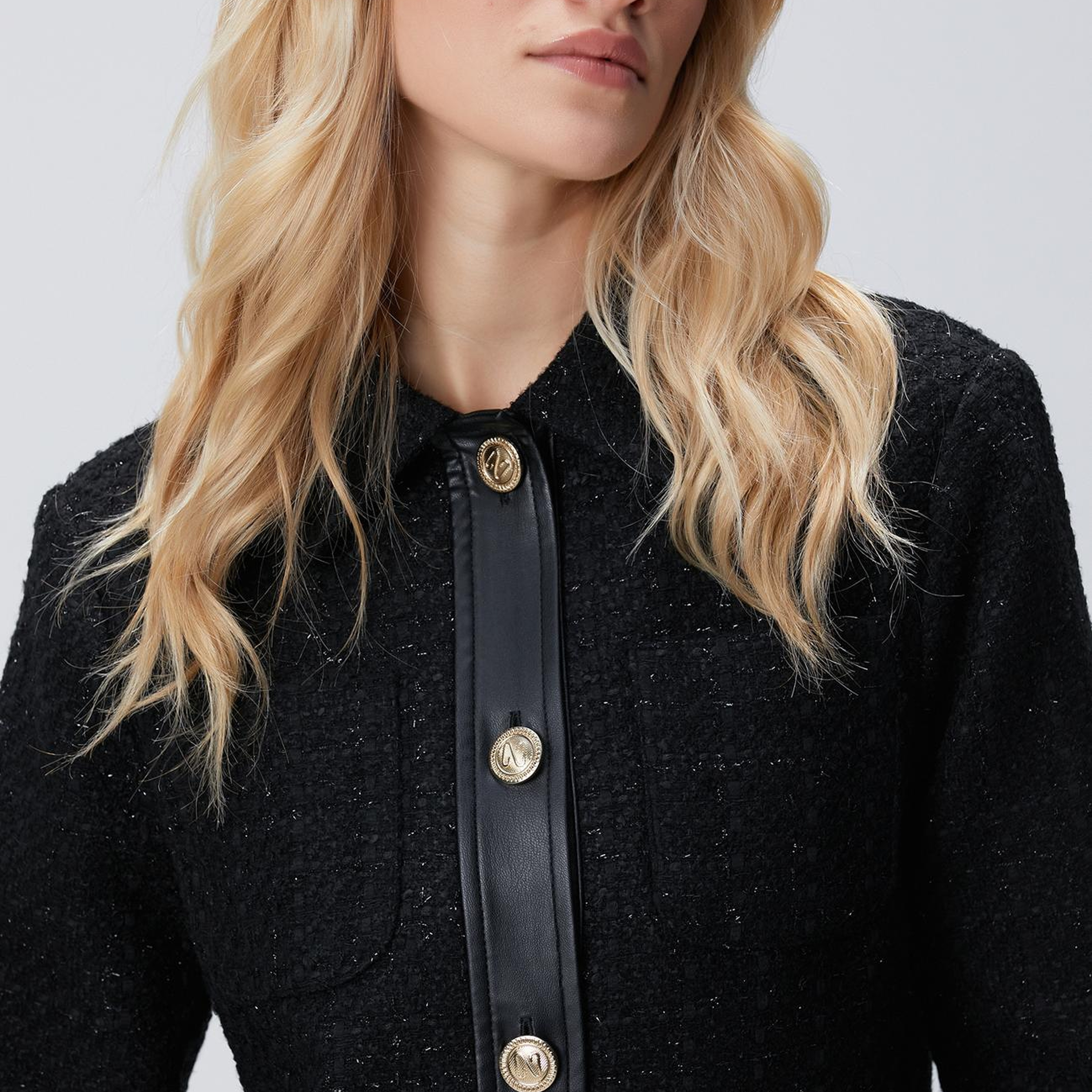 Network Kadın Siyah Düğmeli Garnili Kısa Tweed Ceket