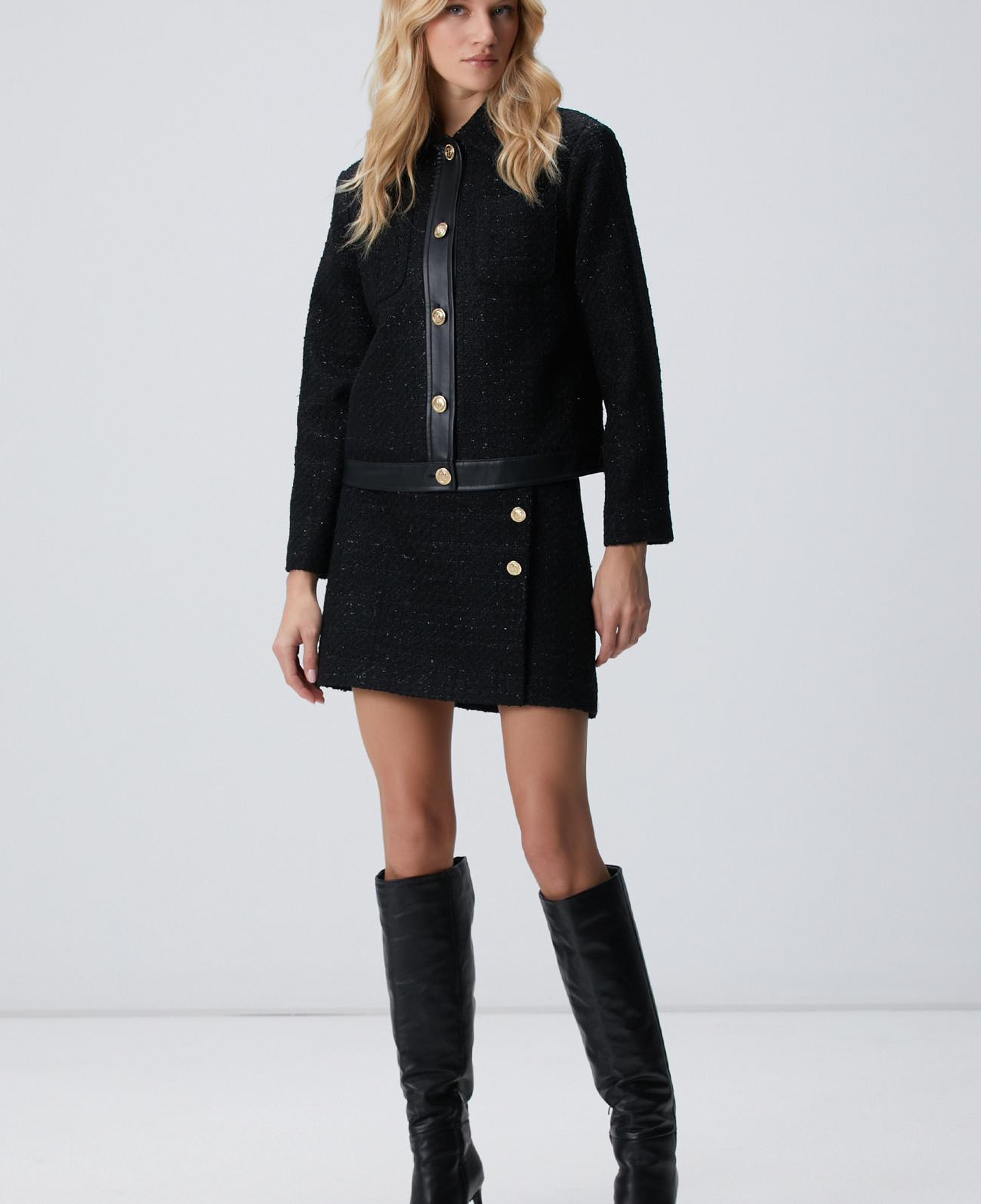 Network Kadın Siyah Düğmeli Garnili Kısa Tweed Ceket