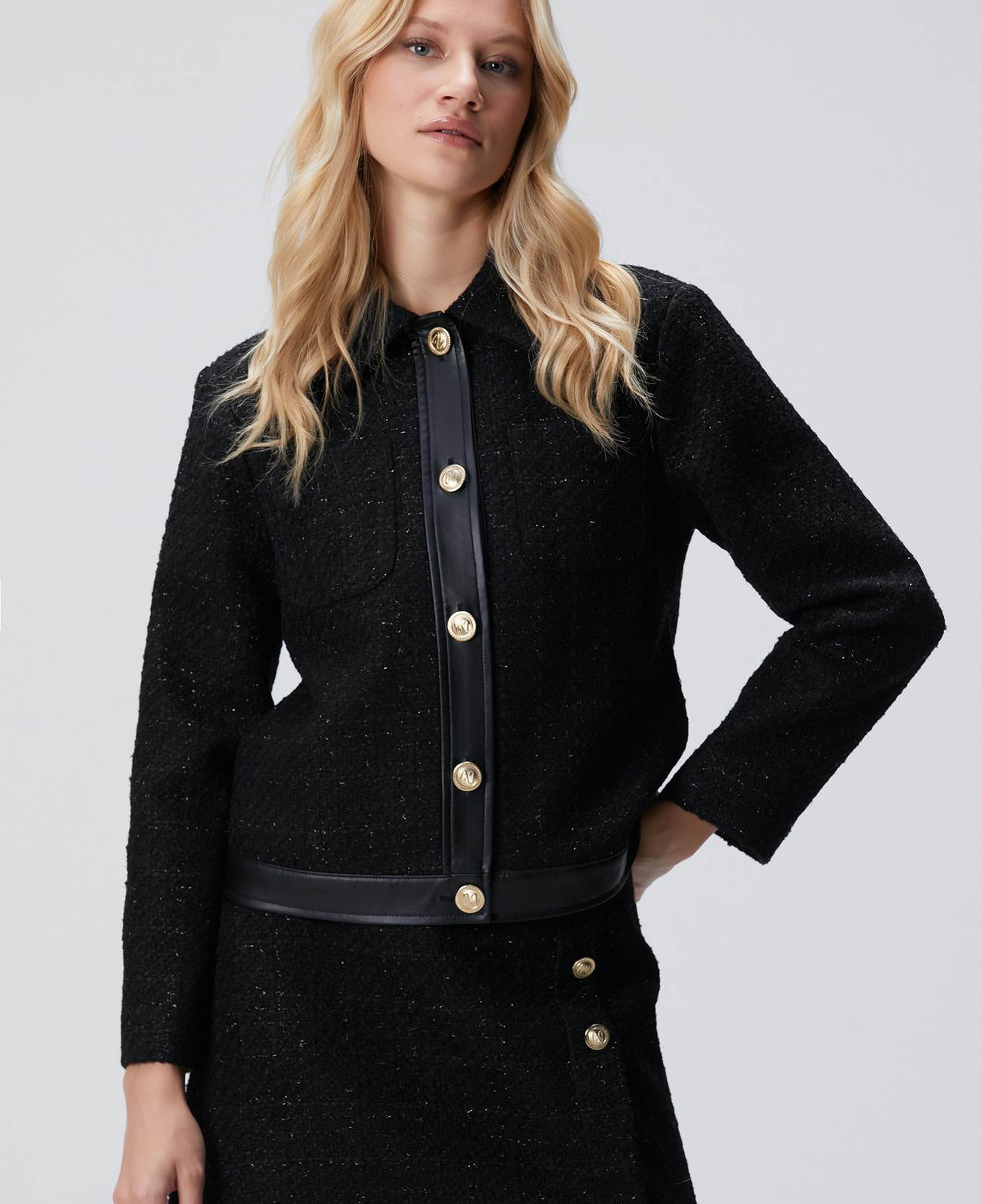 Network Kadın Siyah Düğmeli Garnili Kısa Tweed Ceket