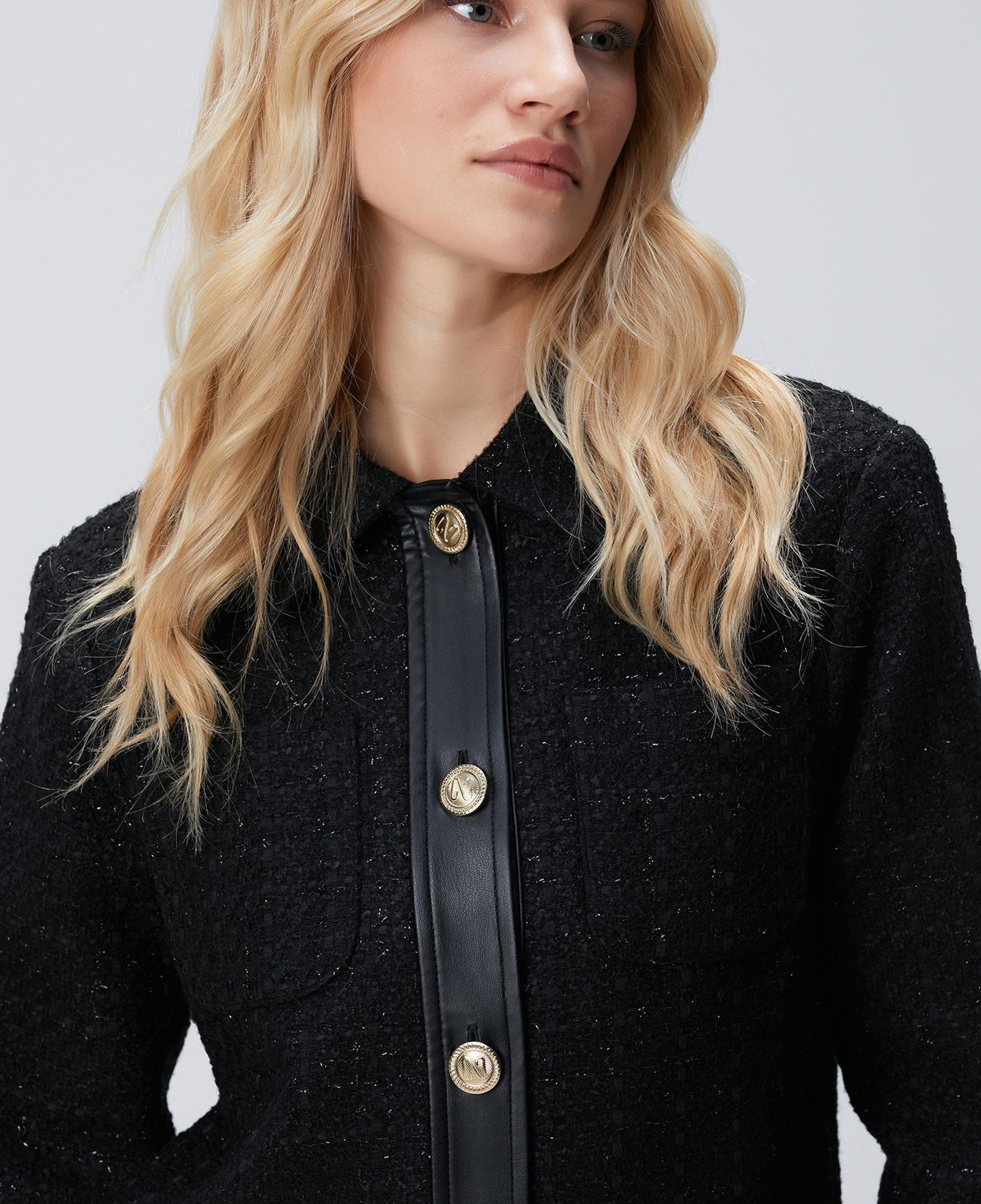 Network Kadın Siyah Düğmeli Garnili Kısa Tweed Ceket