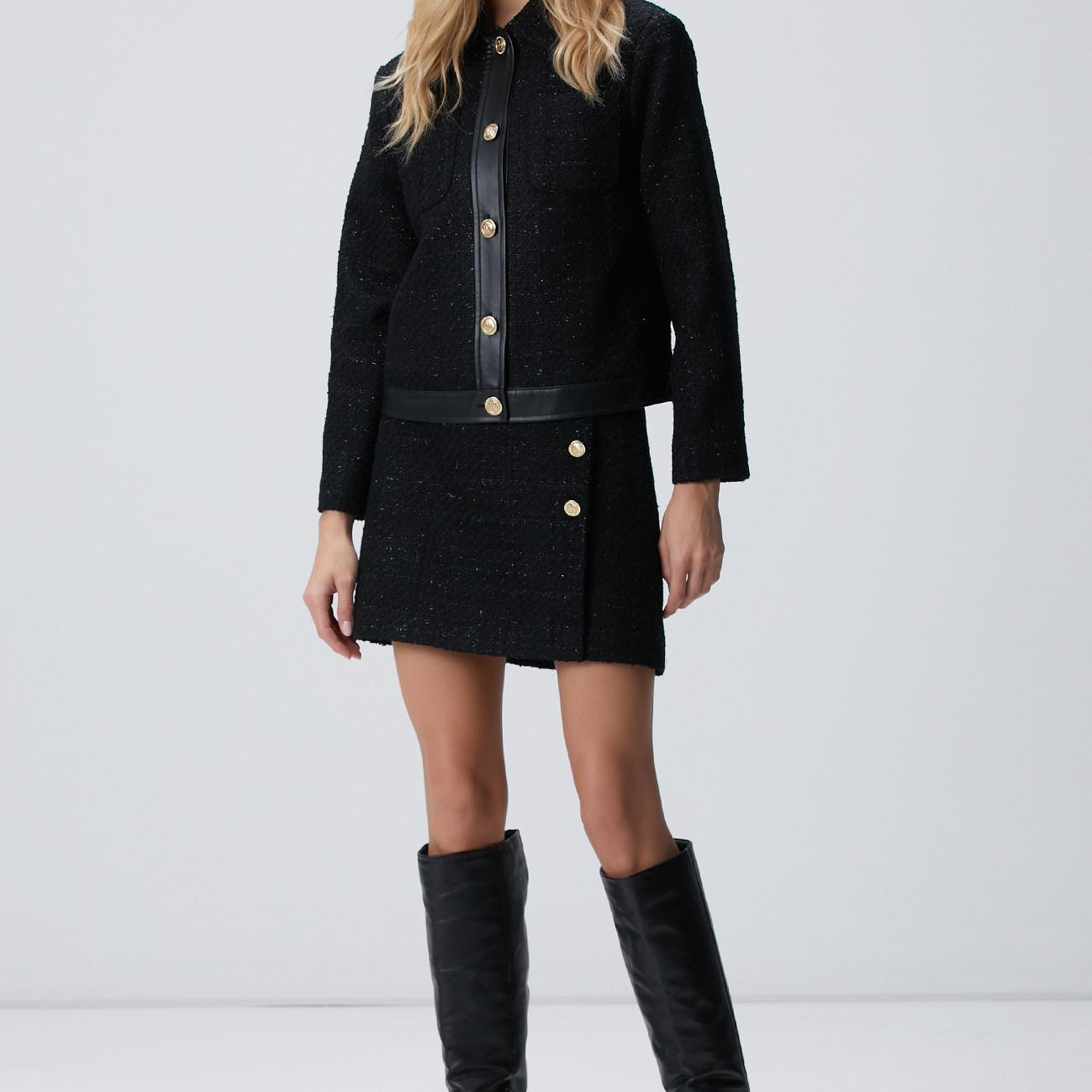 Network Kadın Siyah Düğmeli Garnili Kısa Tweed Ceket