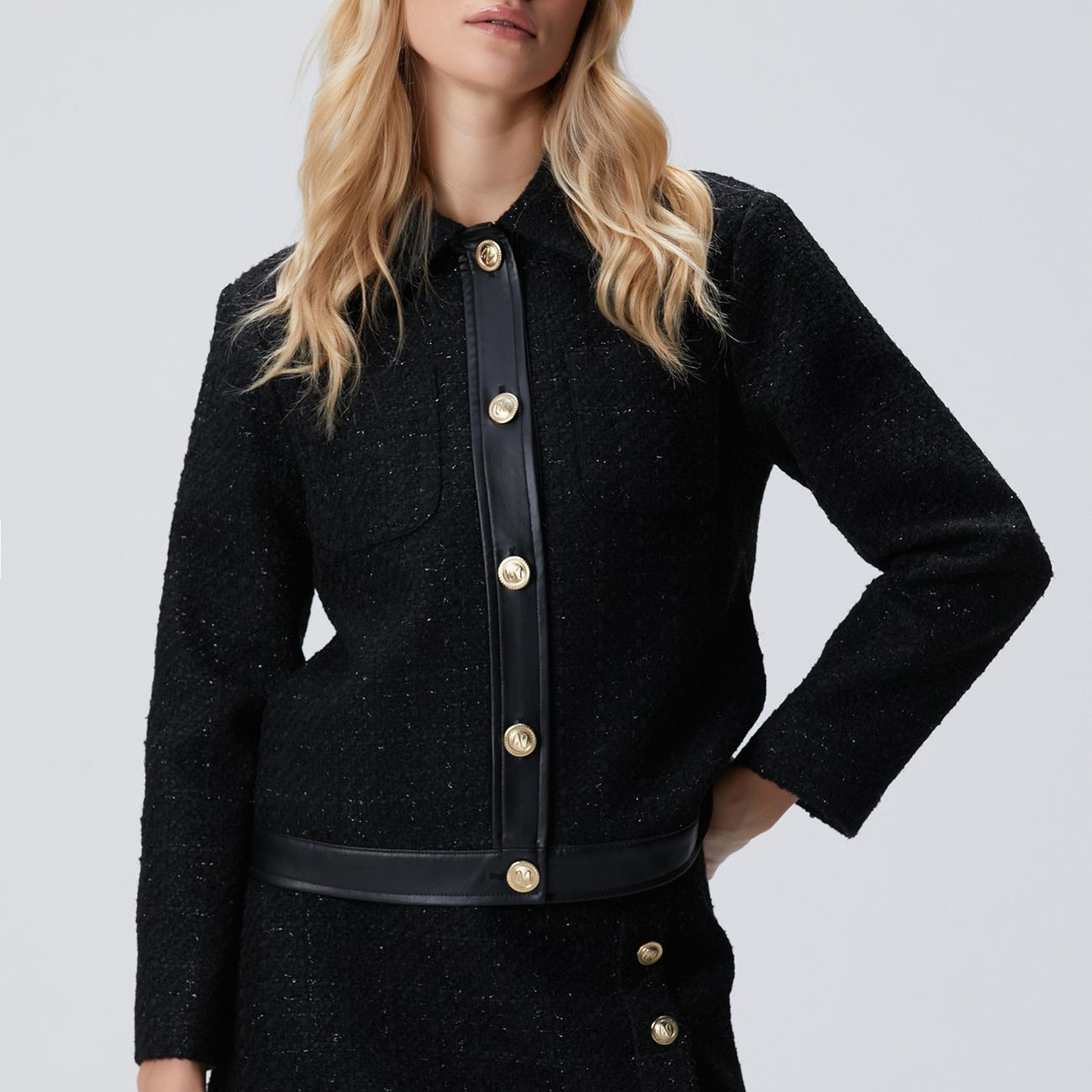 Network Kadın Siyah Düğmeli Garnili Kısa Tweed Ceket