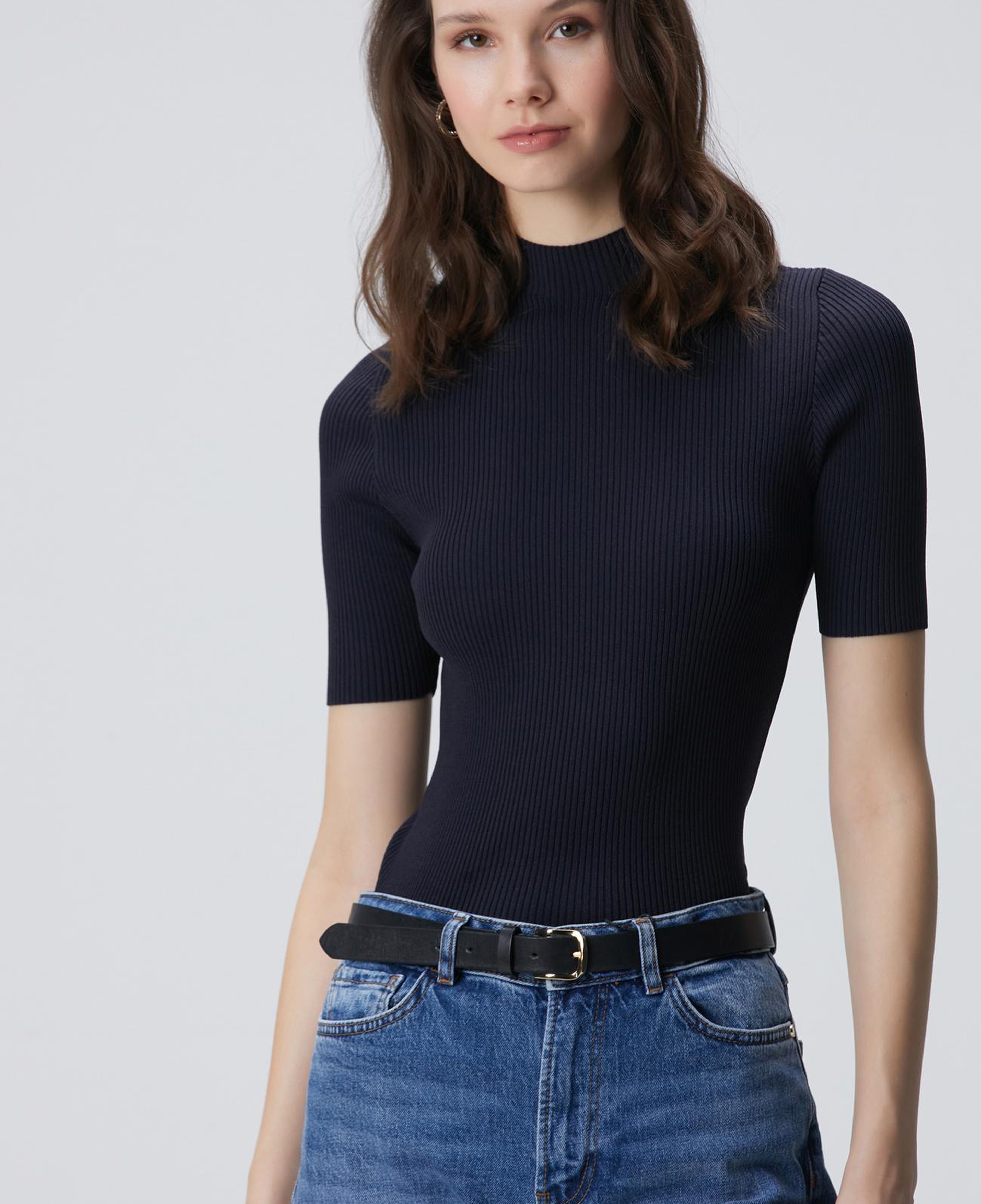 Network Kadın Lacivert Örgülü Dik Yaka Rayon Basic Kazak