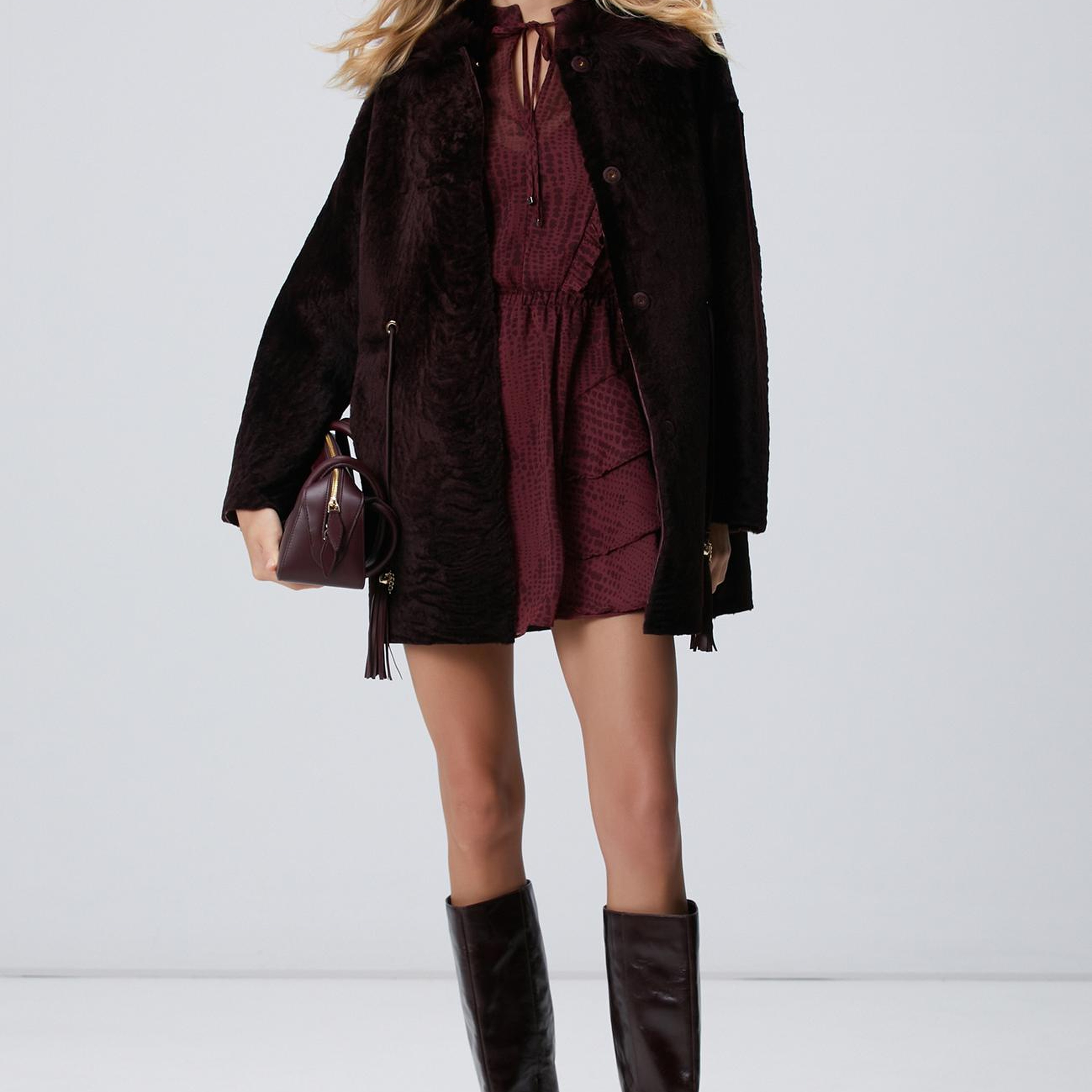 Network Kadın Bordo Desenli Mini Elbise