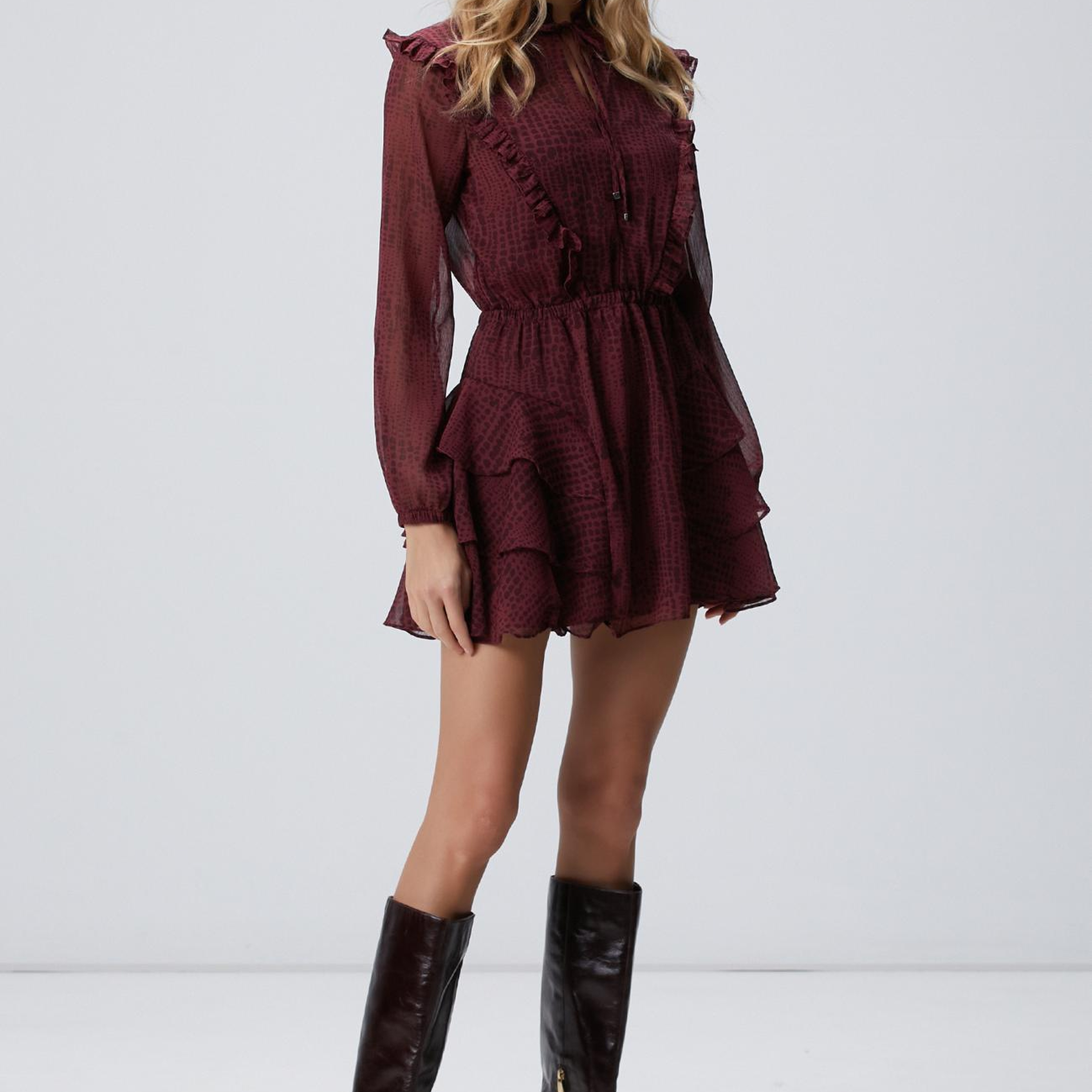 Network Kadın Bordo Desenli Mini Elbise