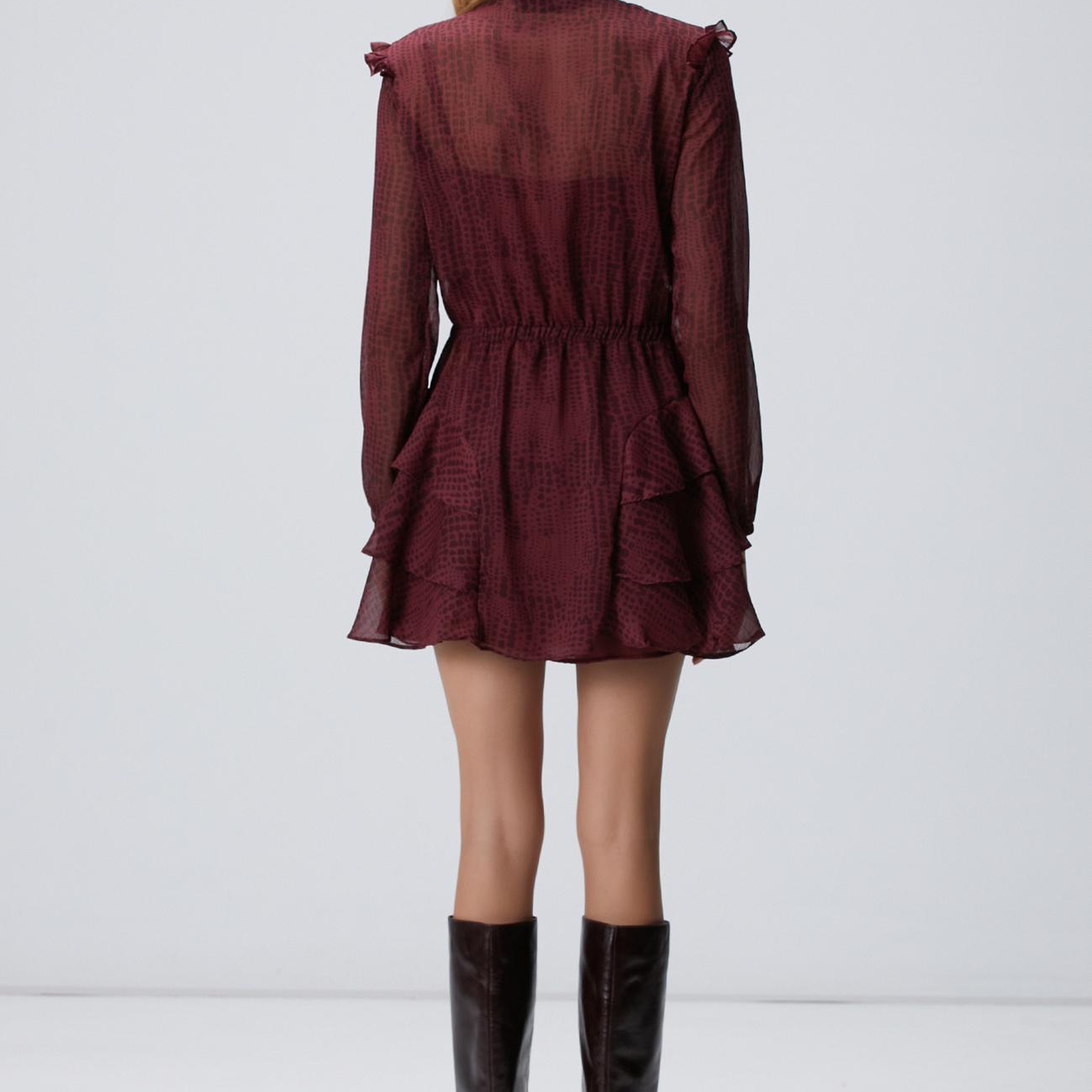 Network Kadın Bordo Desenli Mini Elbise