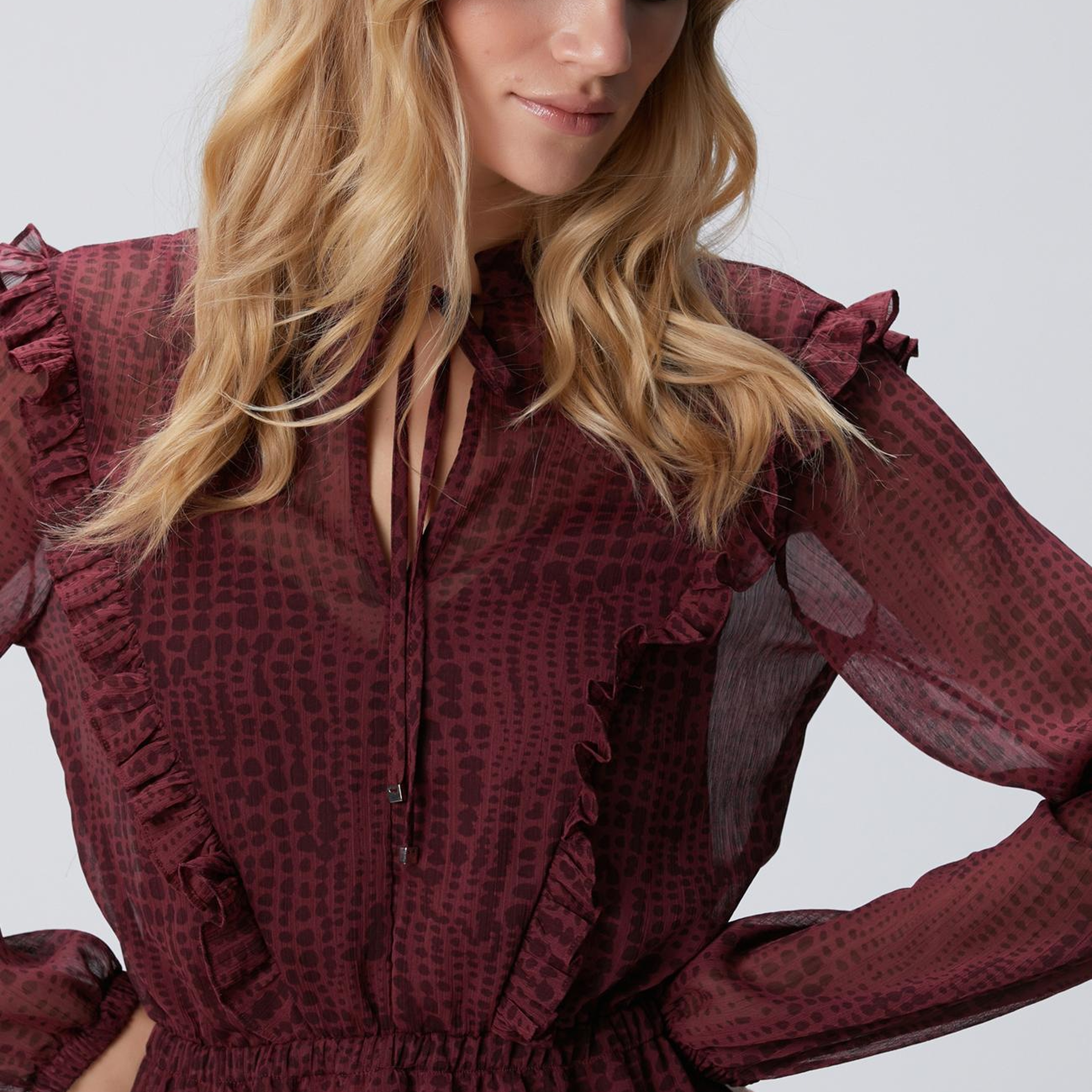 Network Kadın Bordo Desenli Mini Elbise