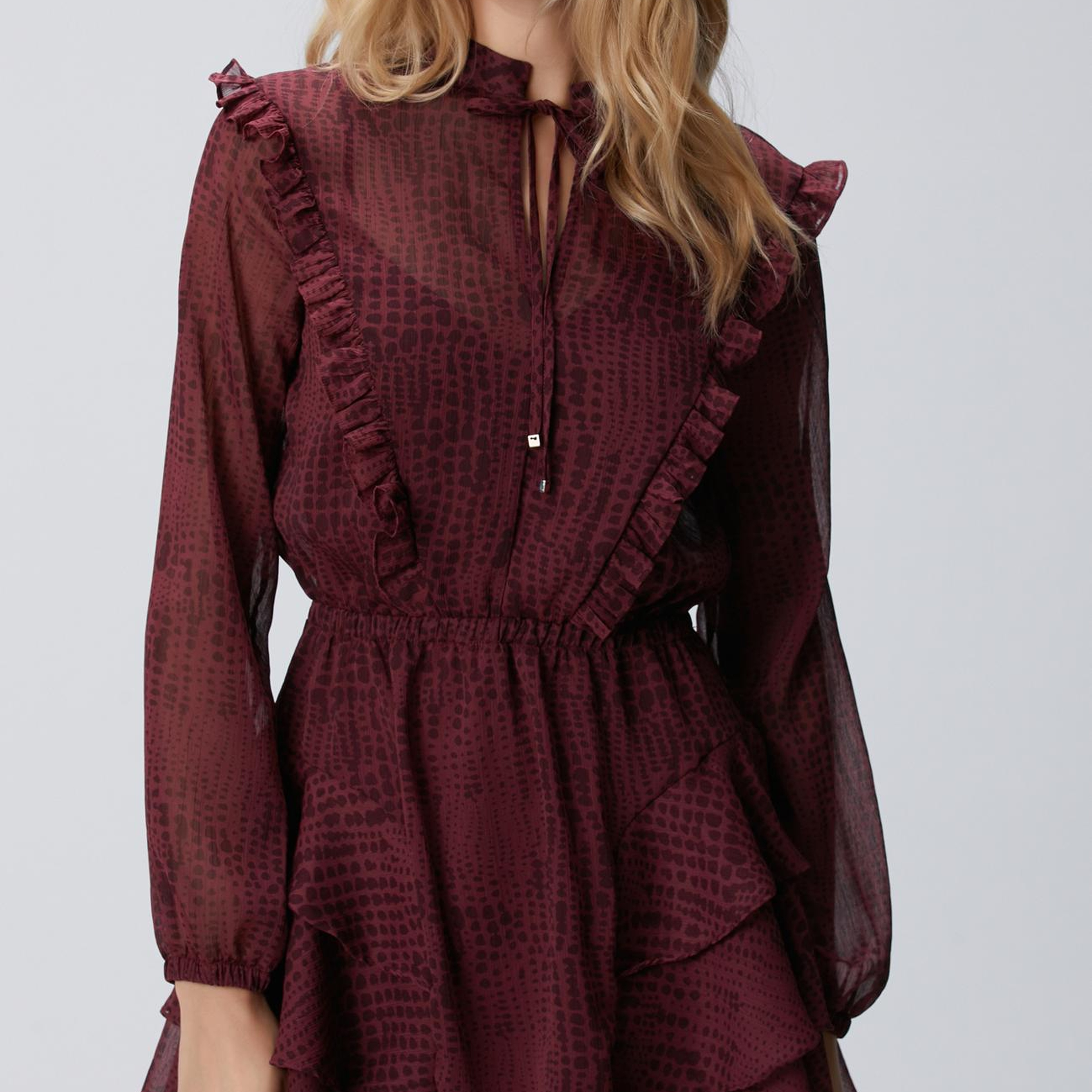 Network Kadın Bordo Desenli Mini Elbise