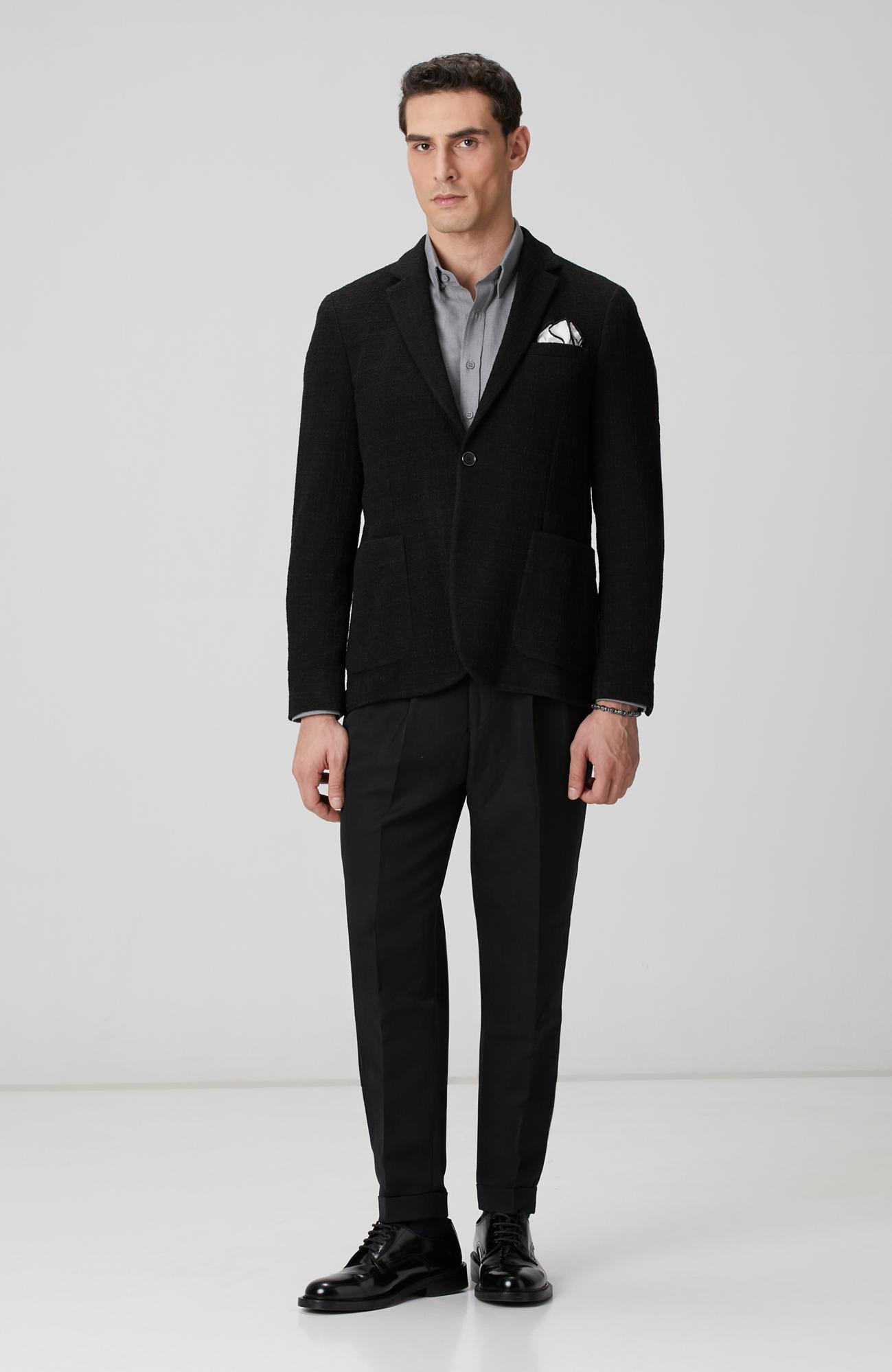 Network Erkek Siyah Diyagonal Desenli Keten Karışımlı Pantolon