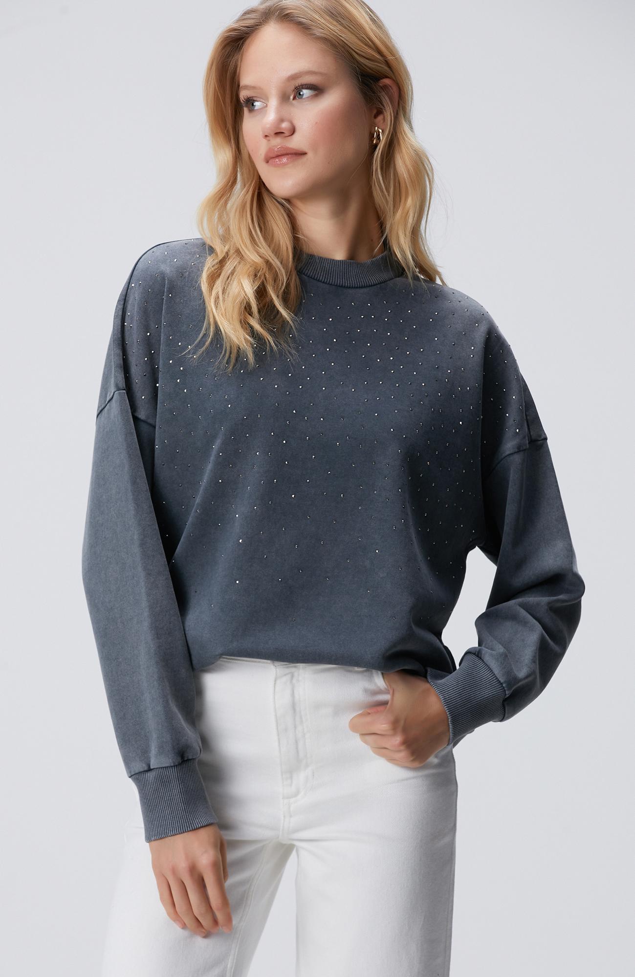 Network Kadın Antrasit Taşlı Sweatshirt