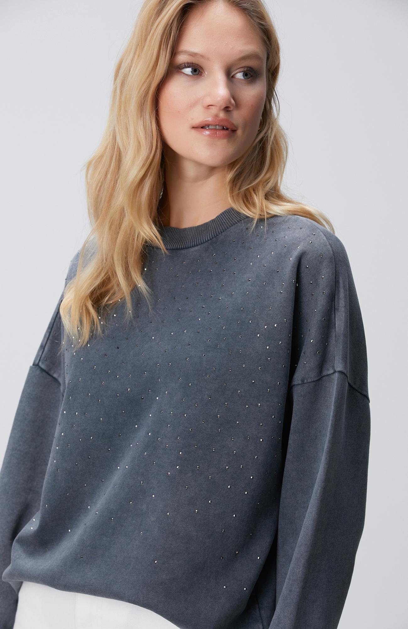 Network Kadın Antrasit Taşlı Sweatshirt