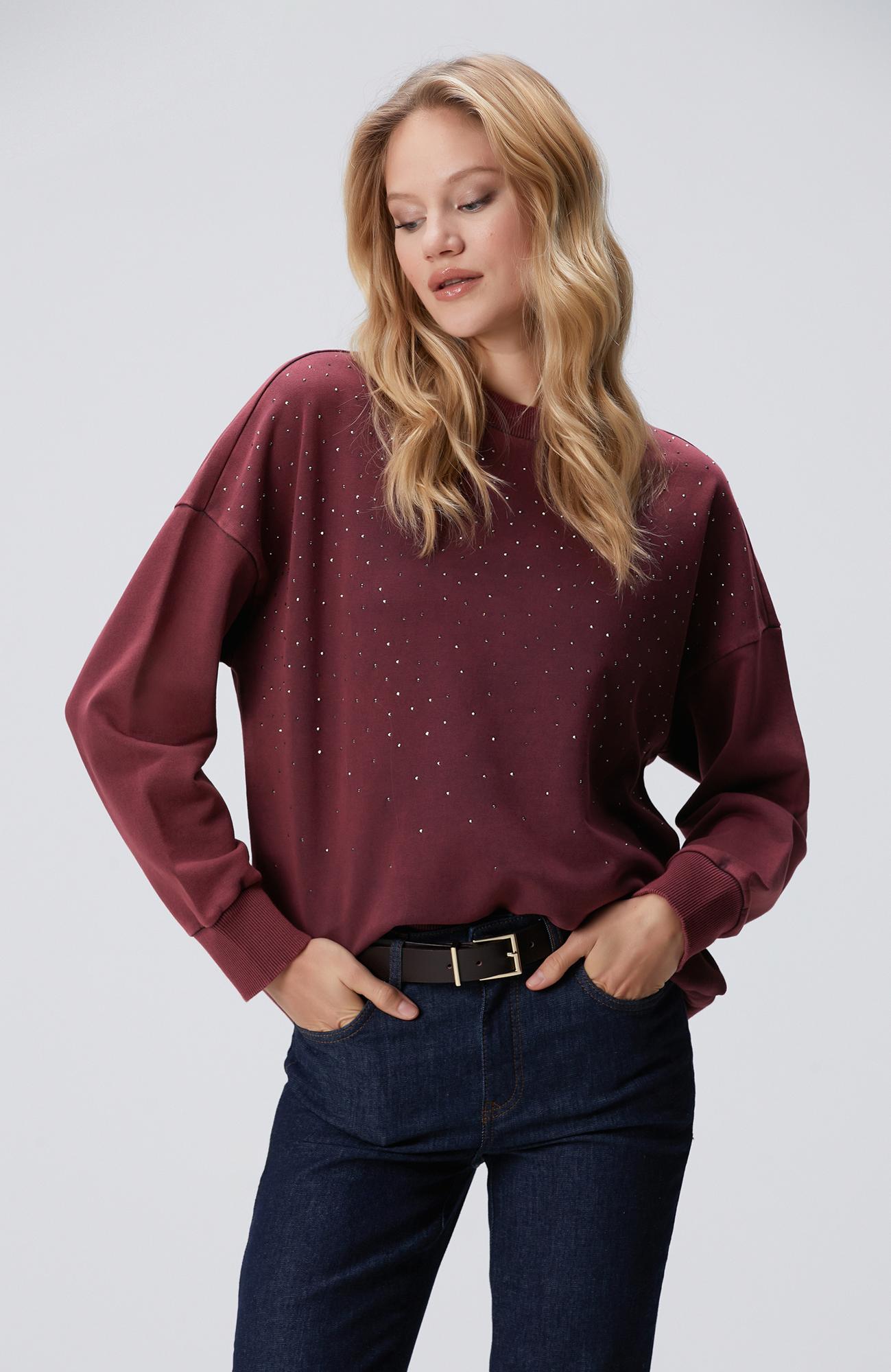 Network Kadın Bordo Taşlı Sweatshirt