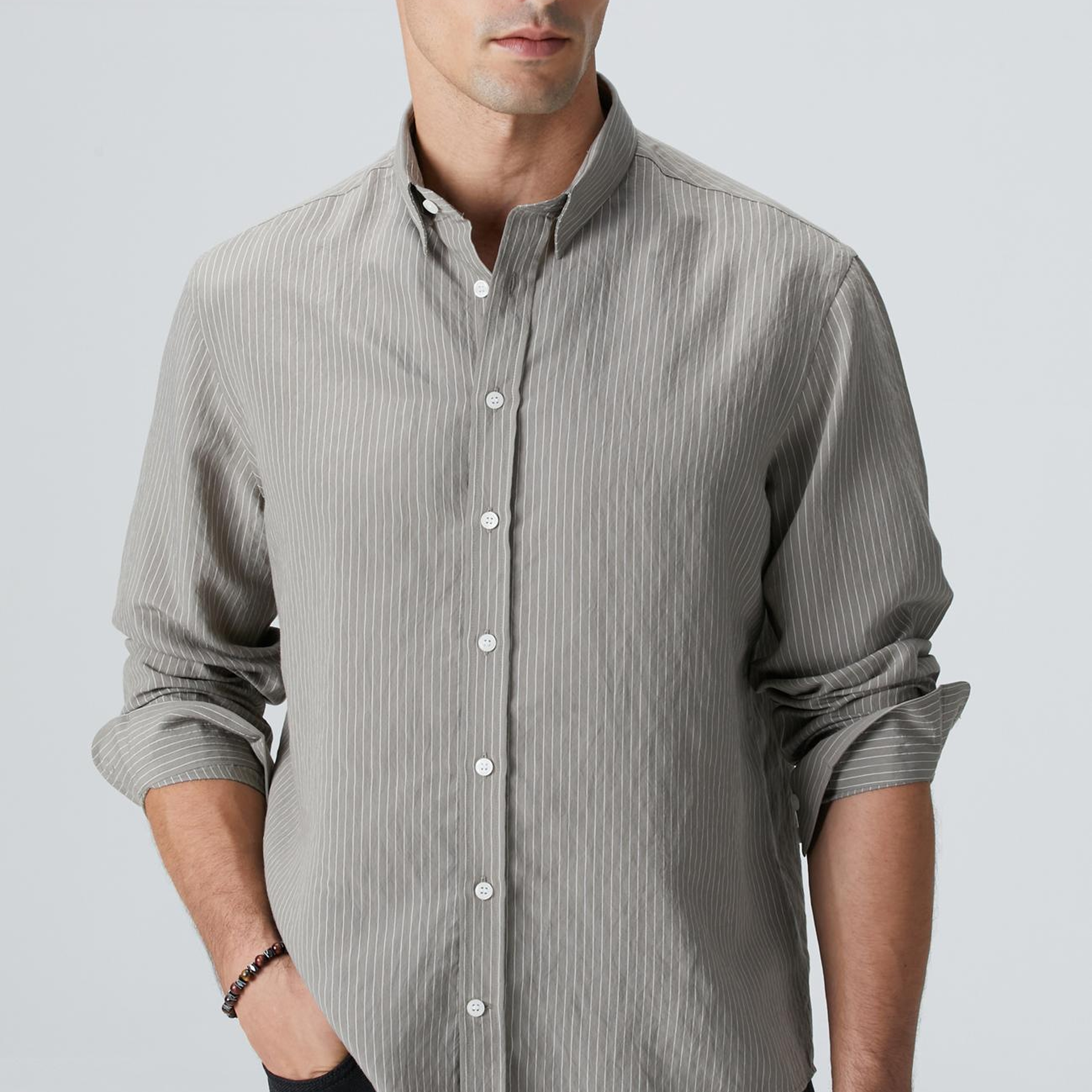 Network Erkek Haki Çizgili Gömlek