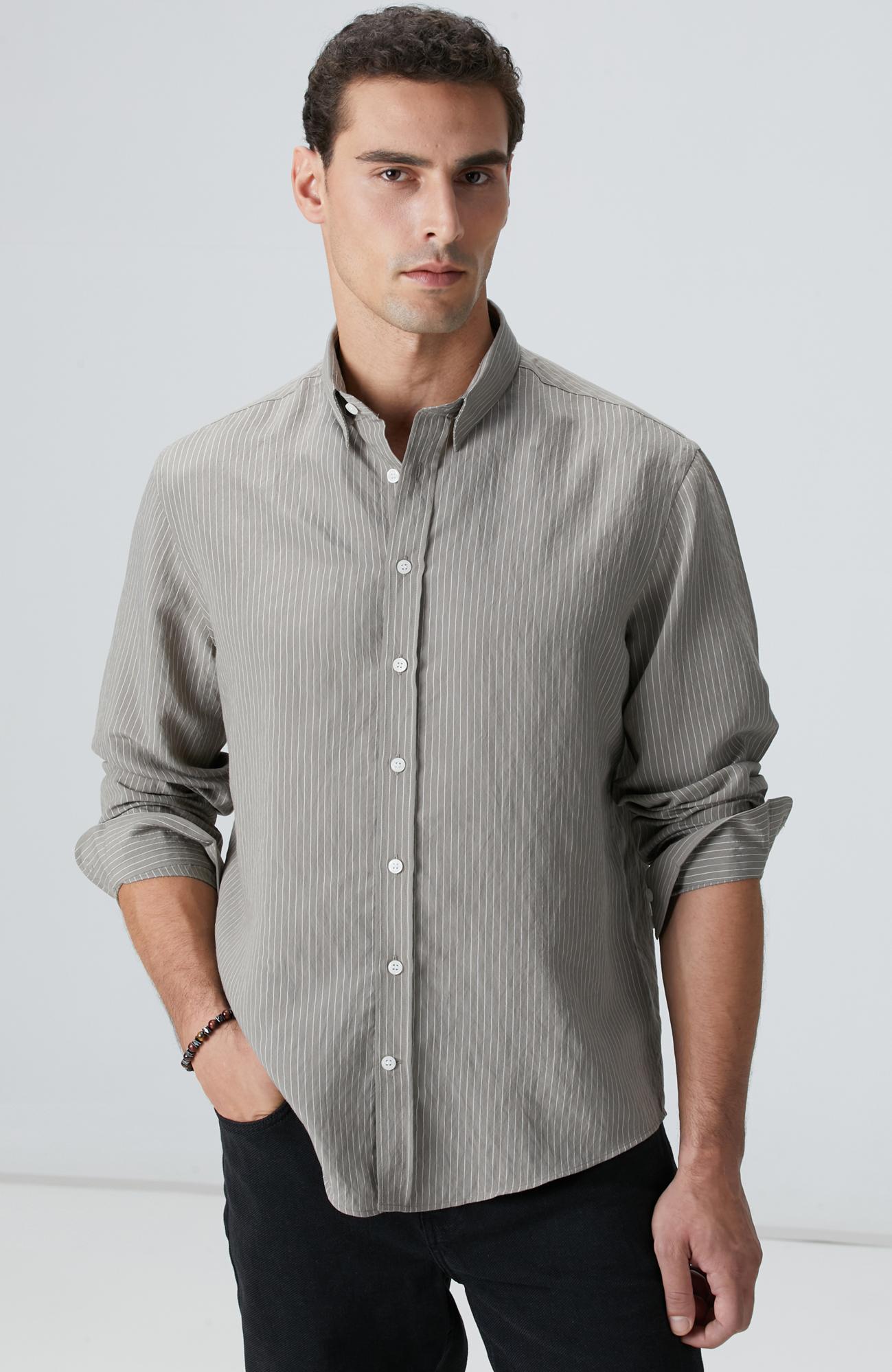 Network Erkek Haki Çizgili Gömlek