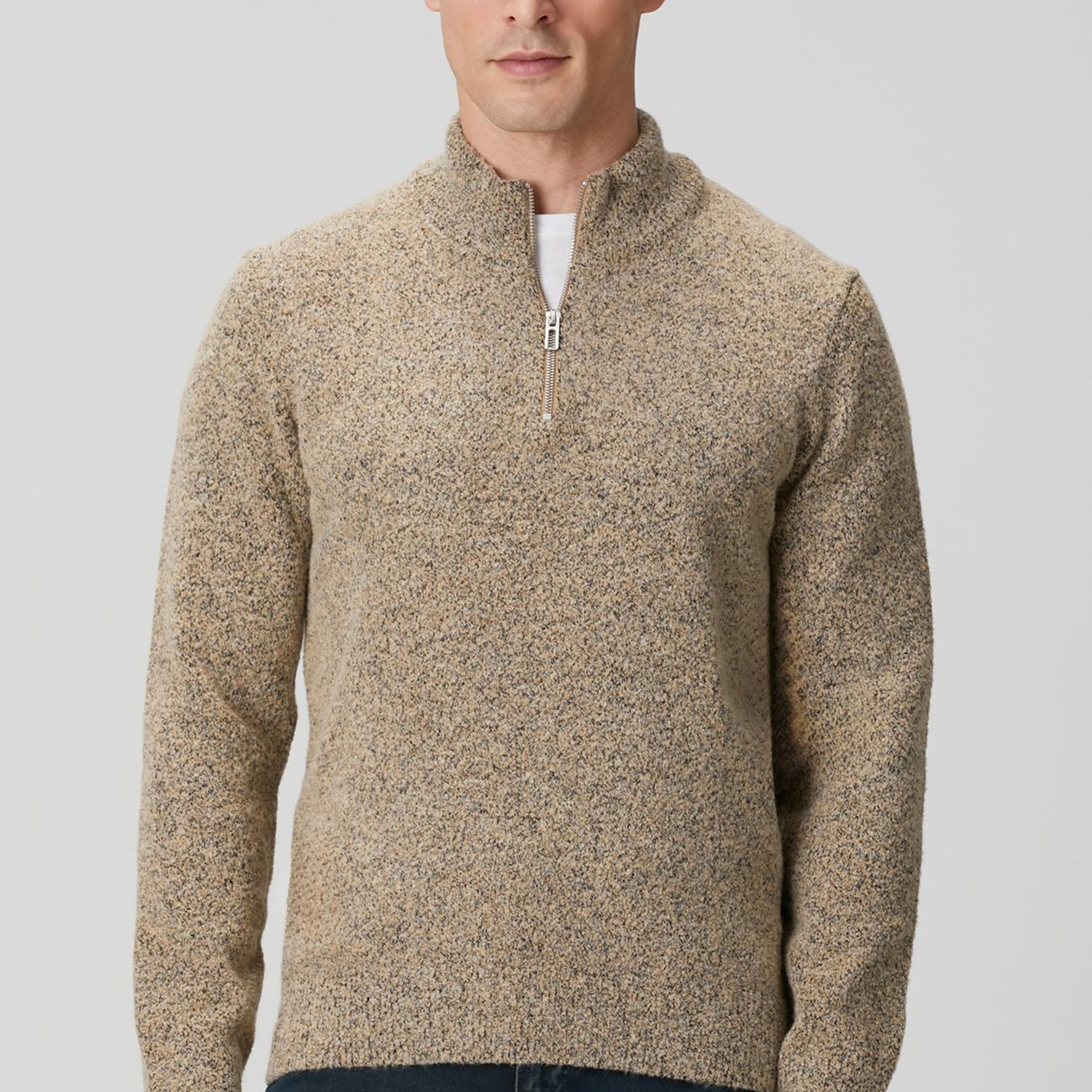 Network Erkek Bej Desenli Fermuarlı Dik Yaka Kazak