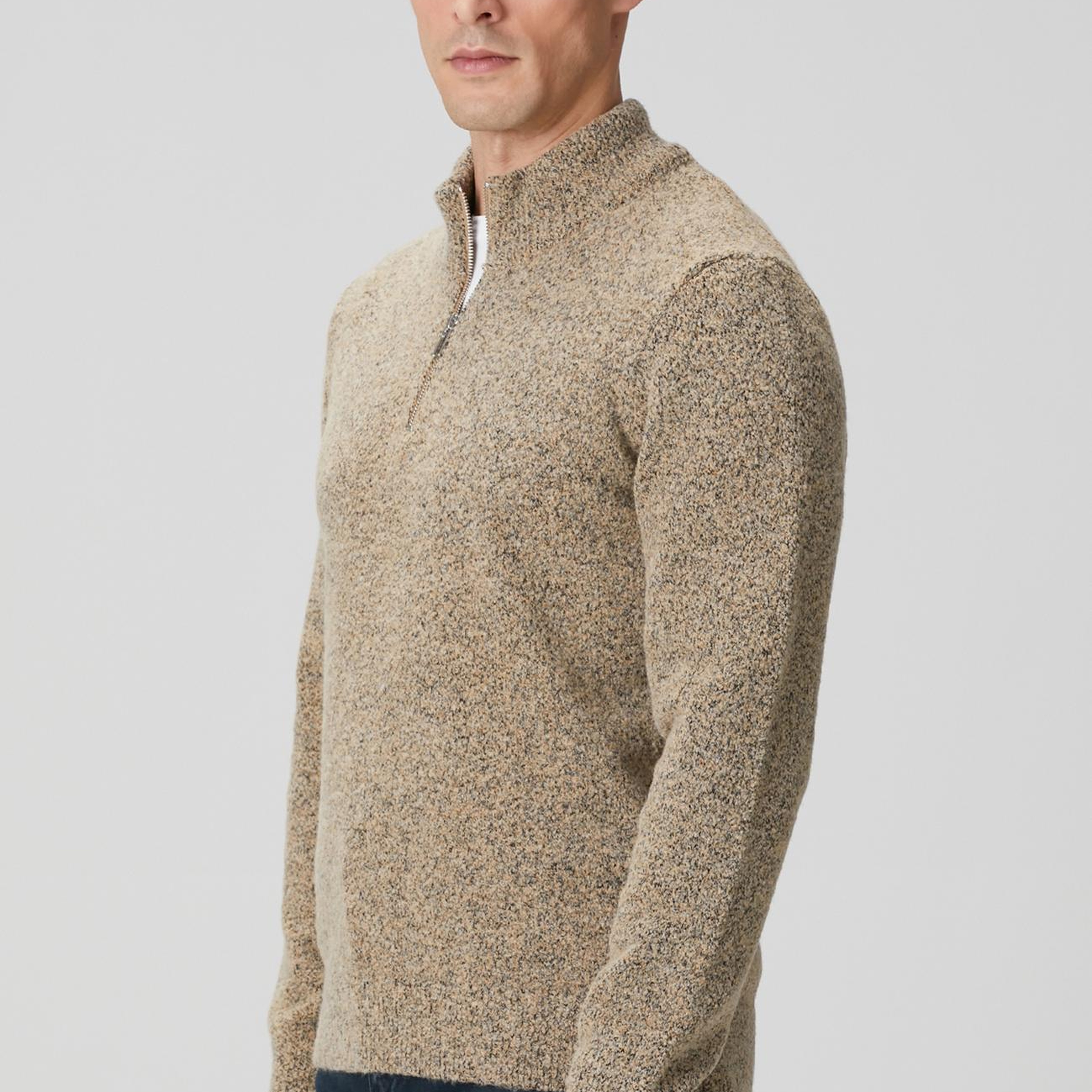 Network Erkek Bej Desenli Fermuarlı Dik Yaka Kazak