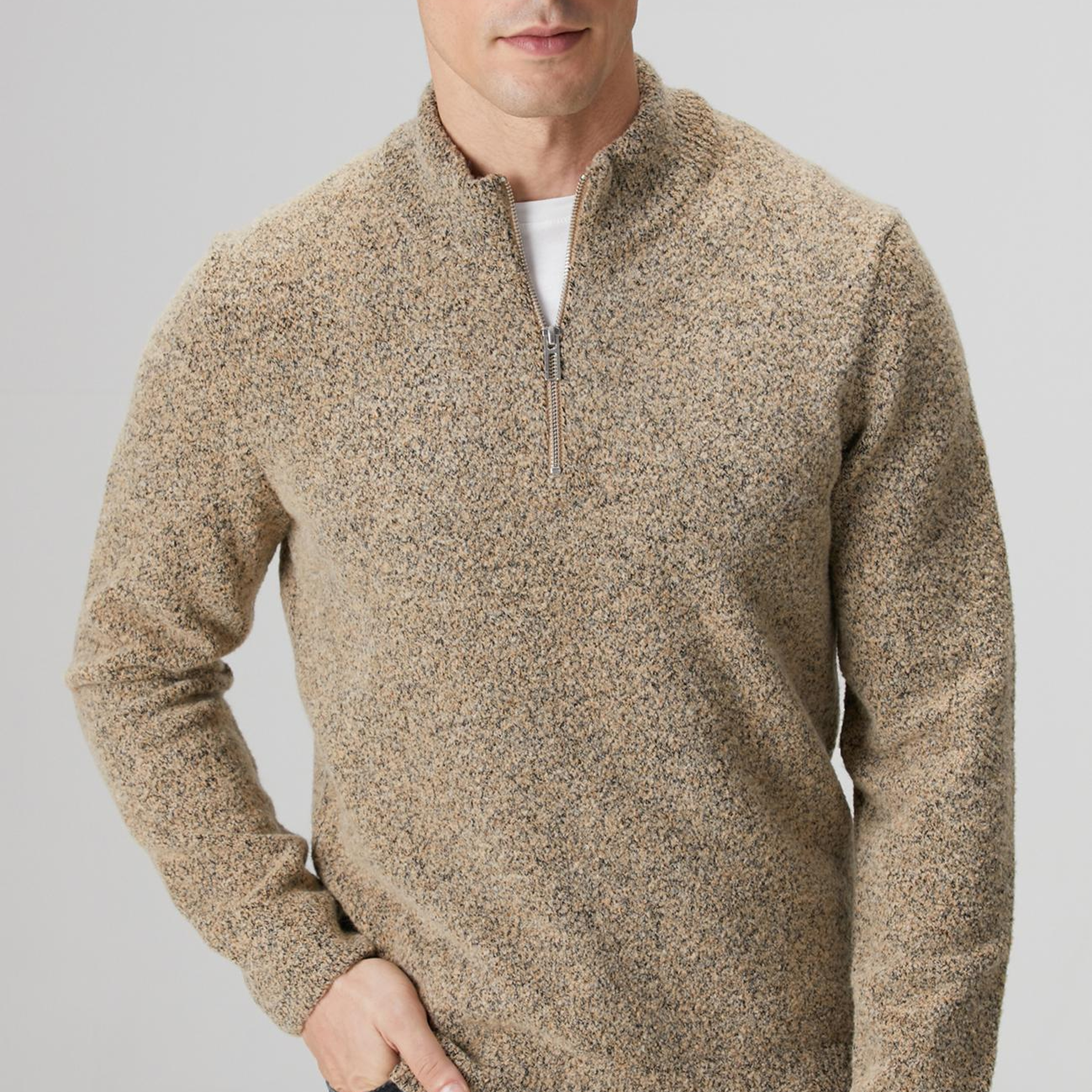 Network Erkek Bej Desenli Fermuarlı Dik Yaka Kazak