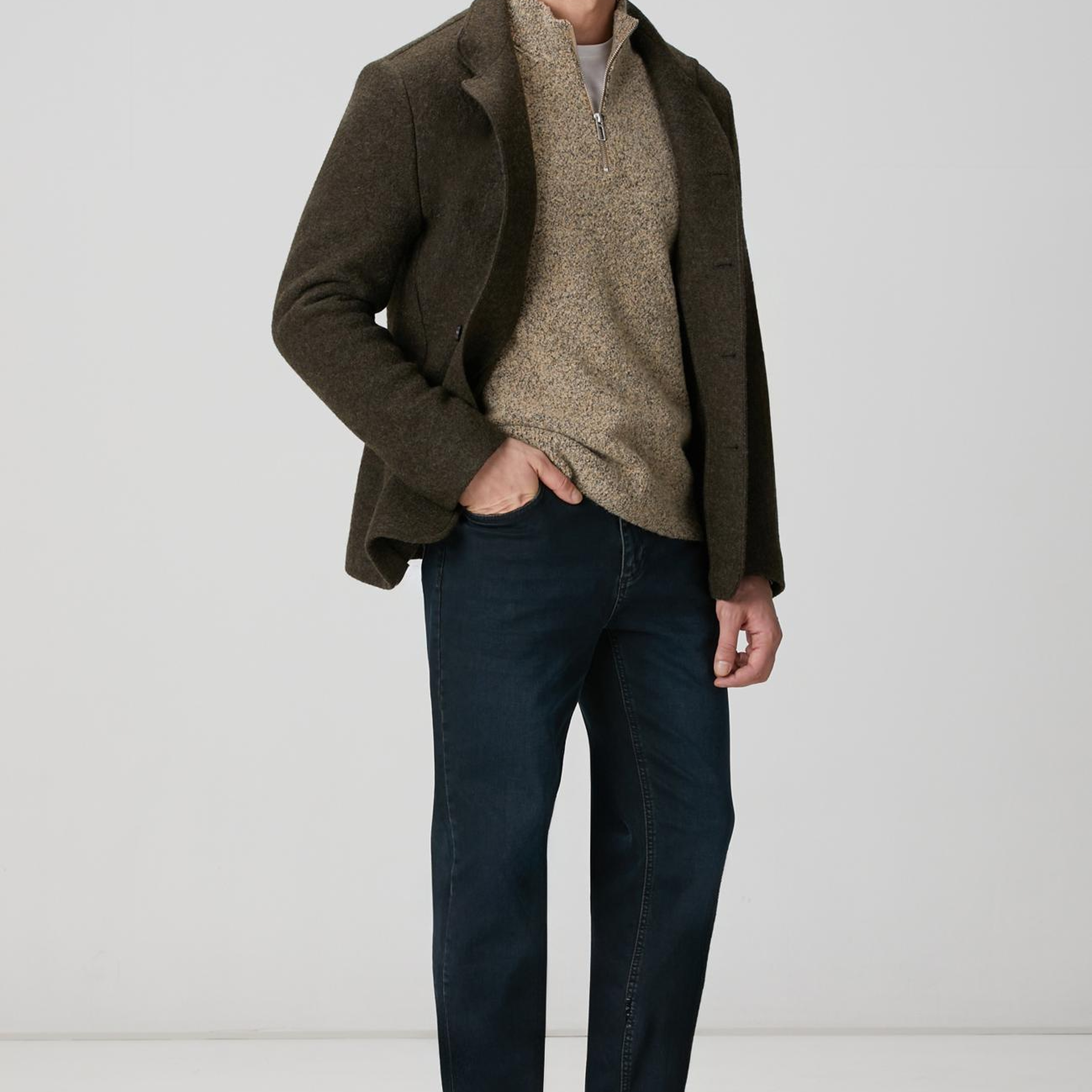 Network Erkek Bej Desenli Fermuarlı Dik Yaka Kazak