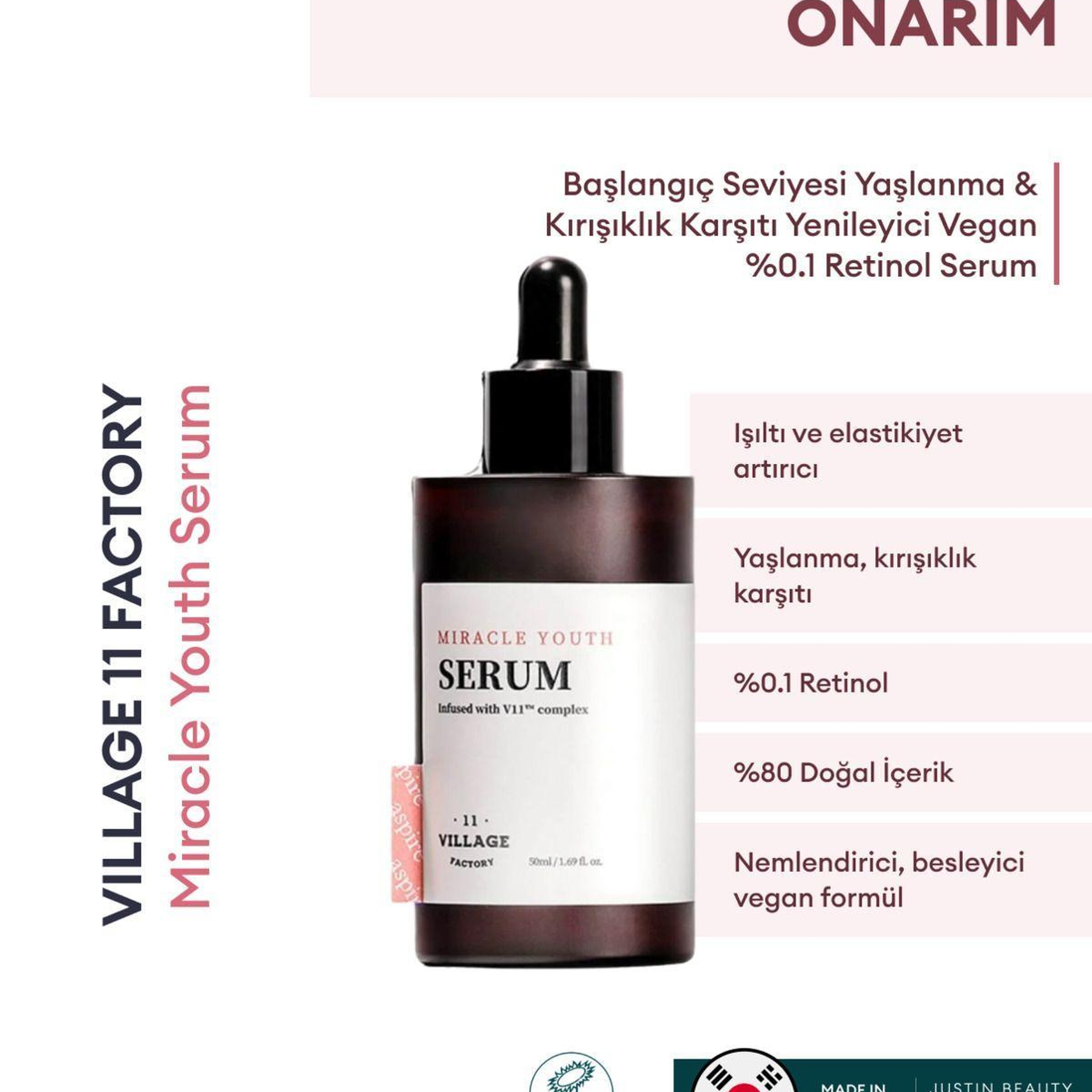 Village 11 Factory Miracle Youth Serum 50ml – Başlangıç Seviyesi Yaşlanma & Kırışıklık Karşıtı Yenileyici Vegan %0.1 Retinol Serum