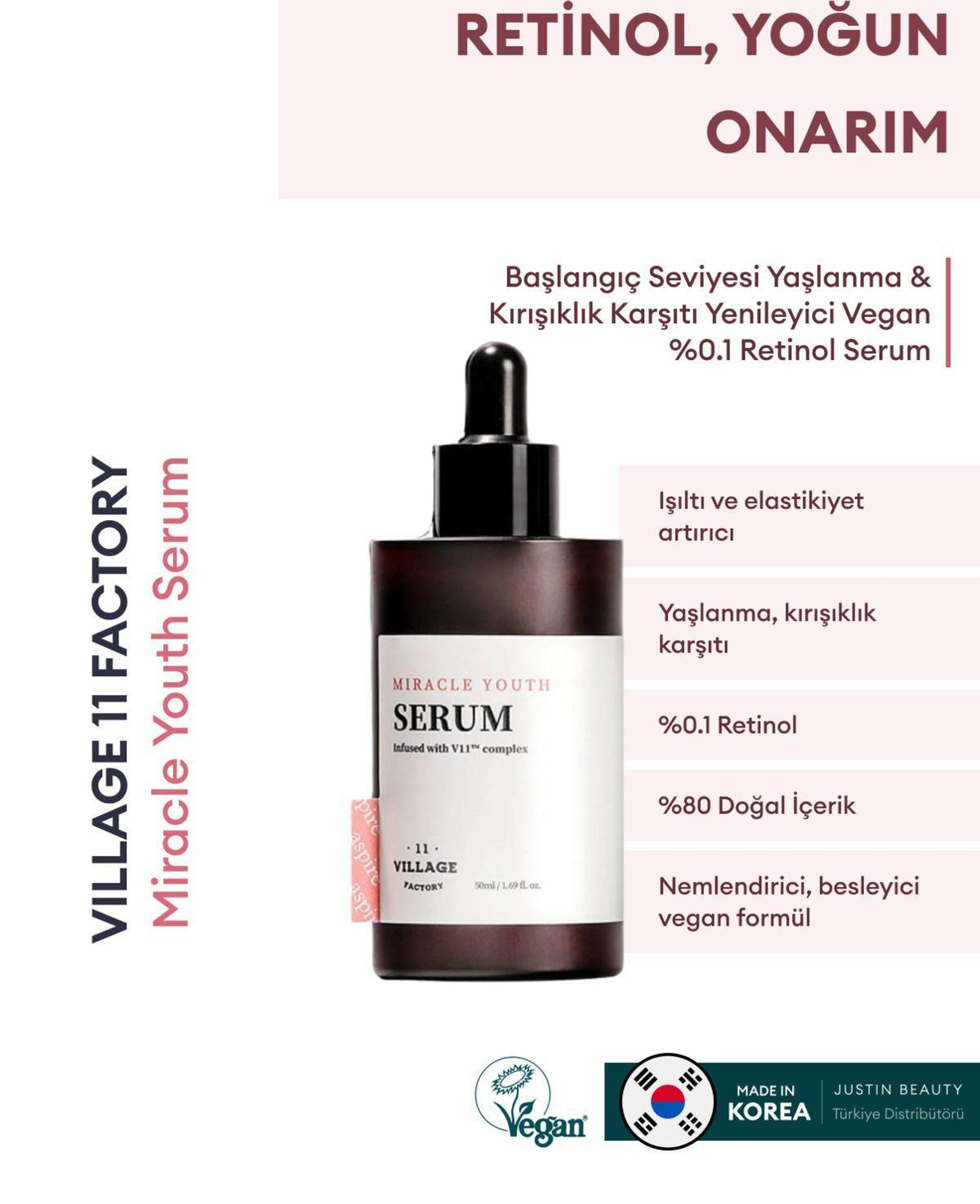 Village 11 Factory Miracle Youth Serum 50ml – Başlangıç Seviyesi Yaşlanma & Kırışıklık Karşıtı Yenileyici Vegan %0.1 Retinol Serum