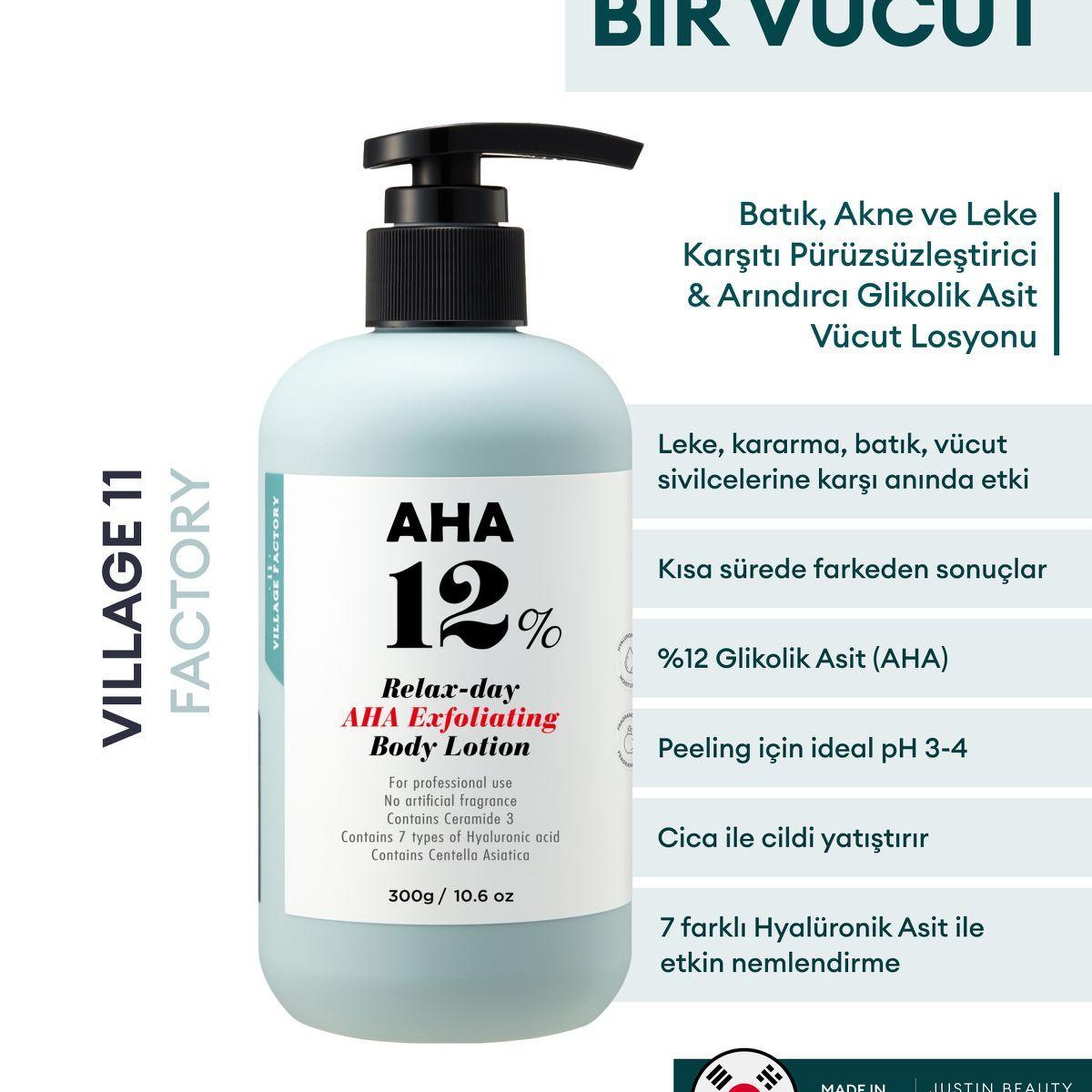 Village 11 Factory Relax Day Aha Exfoliating Body Lotion 300ml - Batık Akne Leke & Kararma Karşıtı Arındırıcı Glikolik Asit Vücut Peeling Losyonu