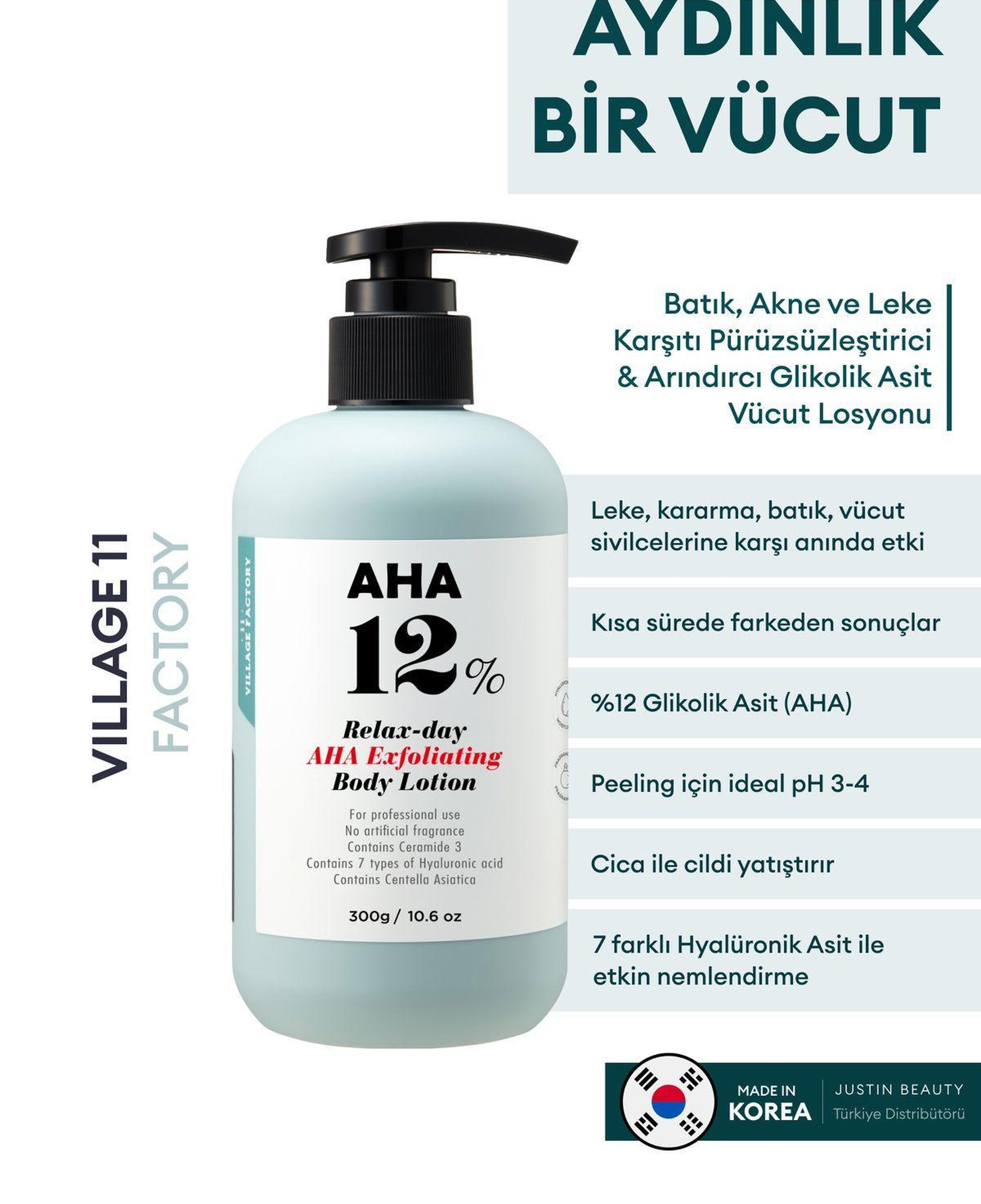 Village 11 Factory Relax Day Aha Exfoliating Body Lotion 300ml - Batık Akne Leke & Kararma Karşıtı Arındırıcı Glikolik Asit Vücut Peeling Losyonu