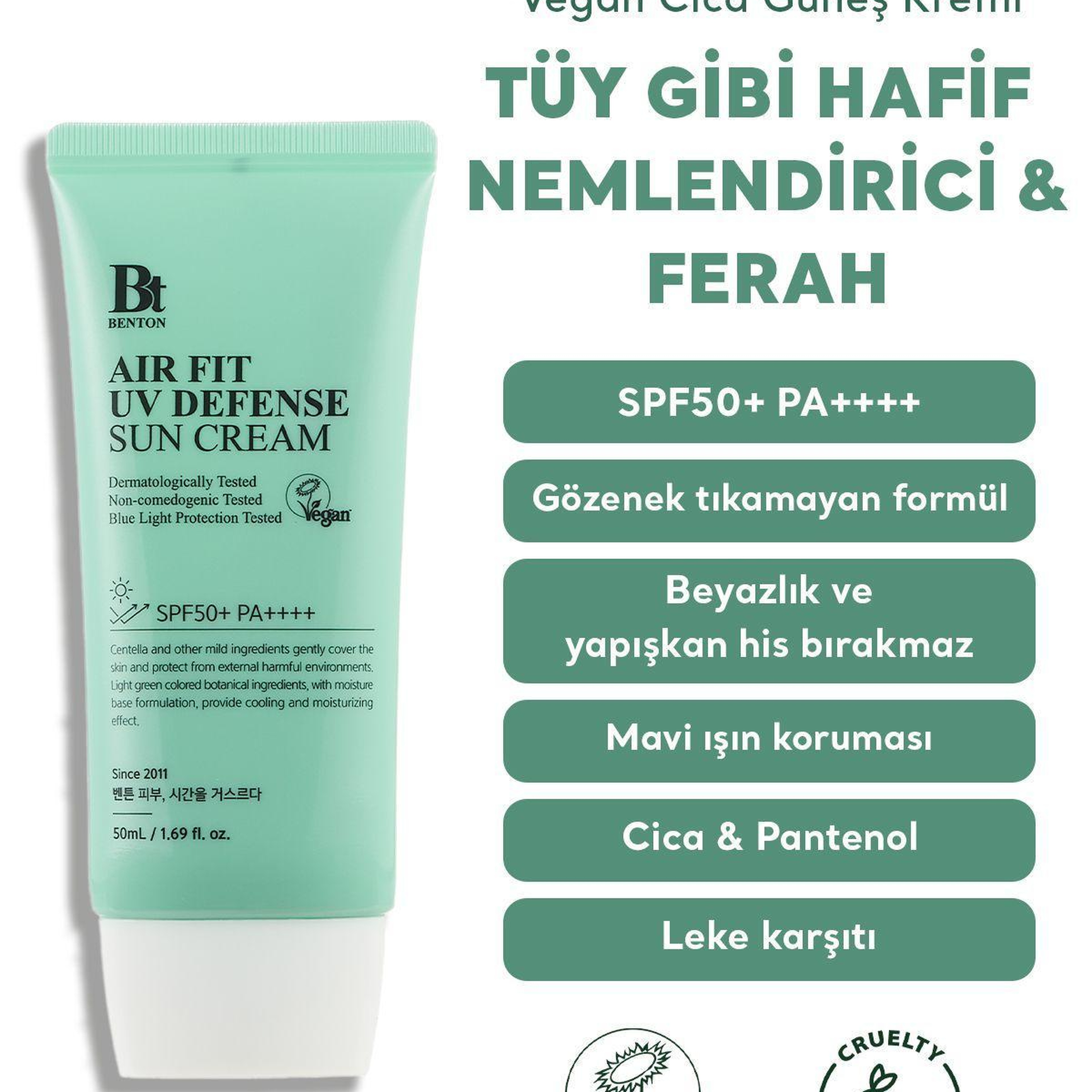 Benton Air Fit UV Defense Sun Cream SPF50+ PA++++ 50ml - Güçlü UV & Mavi Işık Yüksek Korumalı Nemlendirici Vegan Cica Güneş Kremi