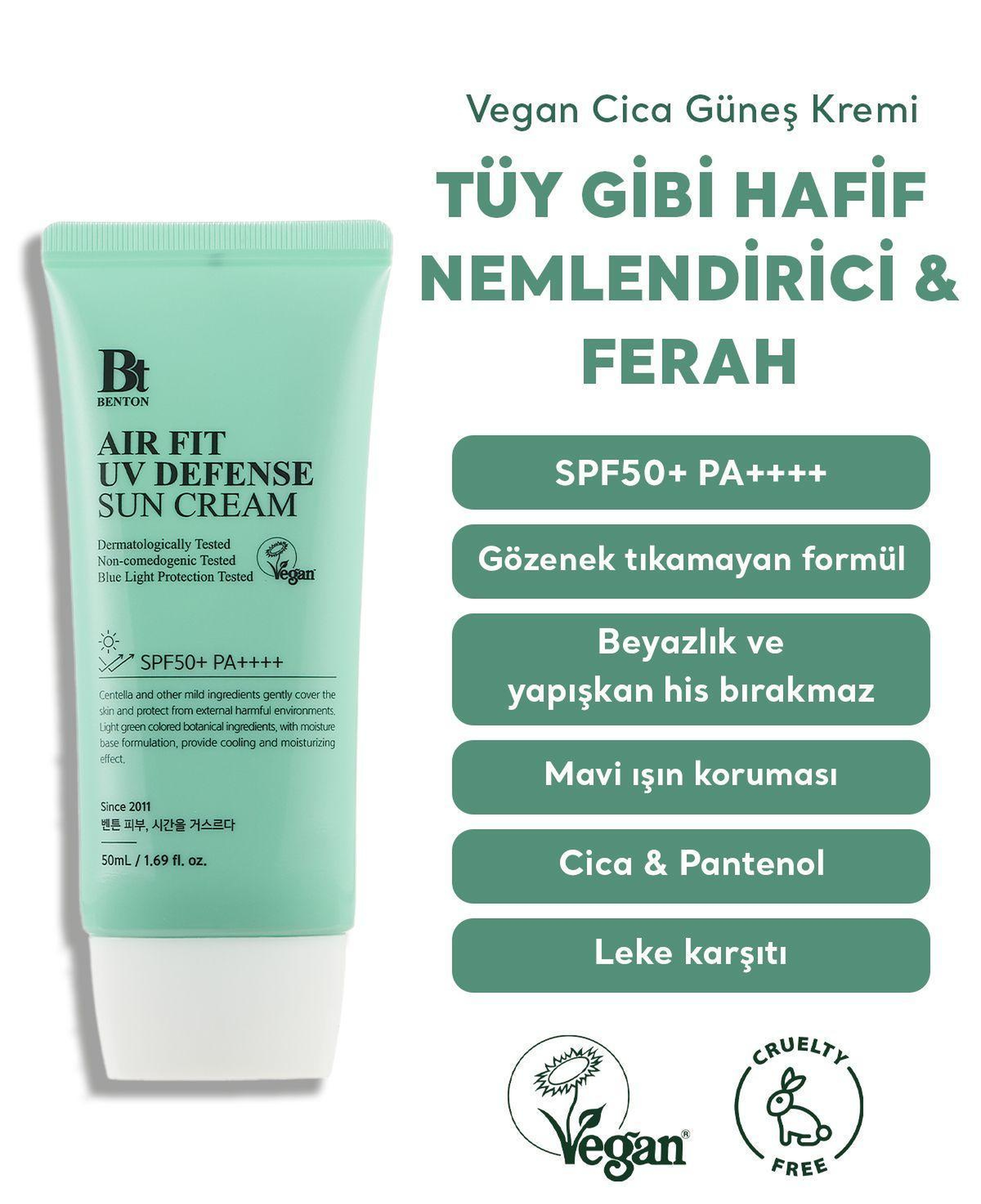 Benton Air Fit UV Defense Sun Cream SPF50+ PA++++ 50ml - Güçlü UV & Mavi Işık Yüksek Korumalı Nemlendirici Vegan Cica Güneş Kremi