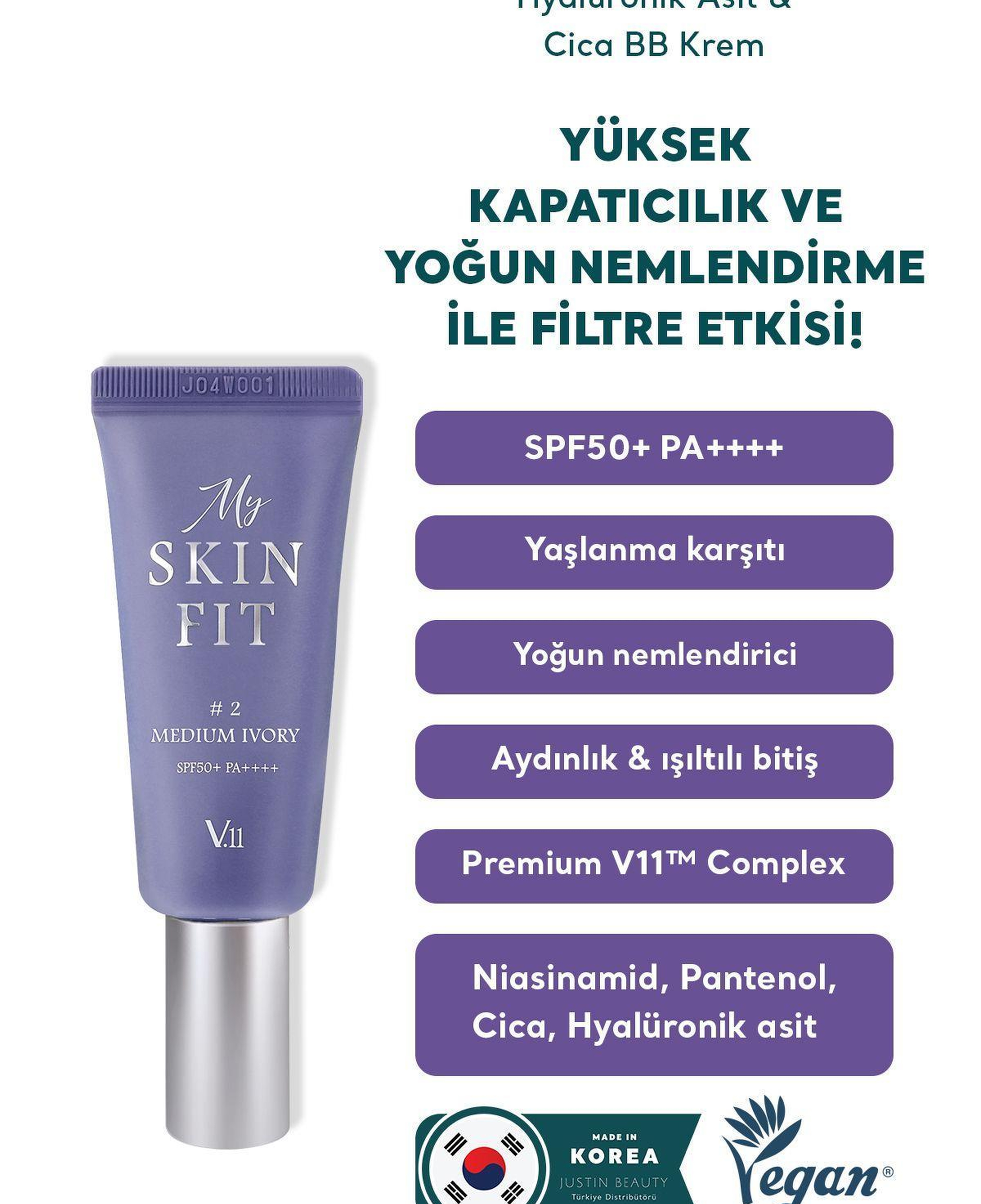 Village 11 Factory My Skin Fit BB Cream SPF 50+ PA++++ #2 Medium Ivory 20ml - Hyalüronik Asit & Cica BB Krem