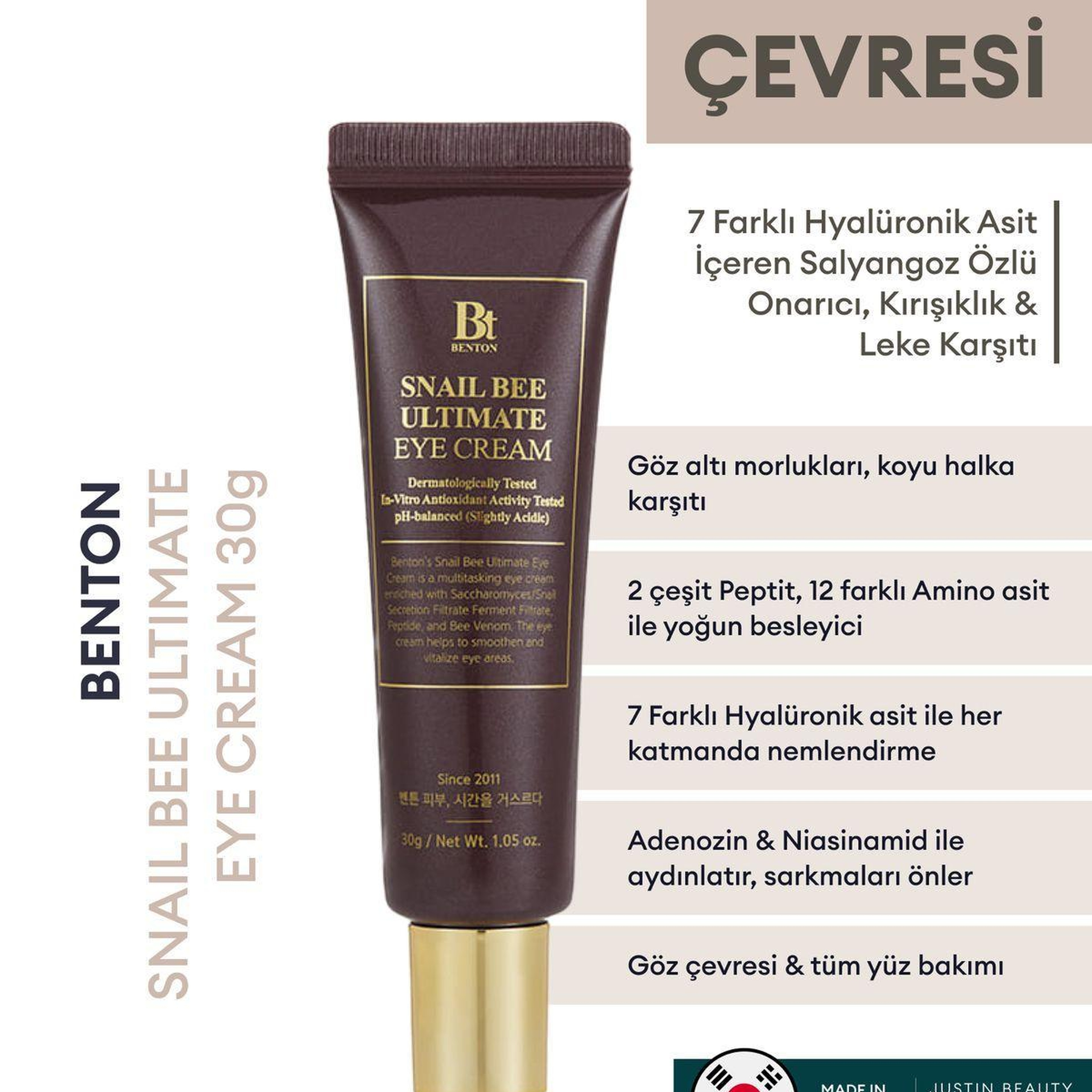 Benton Snail Bee Ultimate Eye Cream 30g - Morluk, Koyu Halka, Göz Altı Torba Karşıtı Kırışıklık Önleyici Salyangoz Özlü Göz Kremi