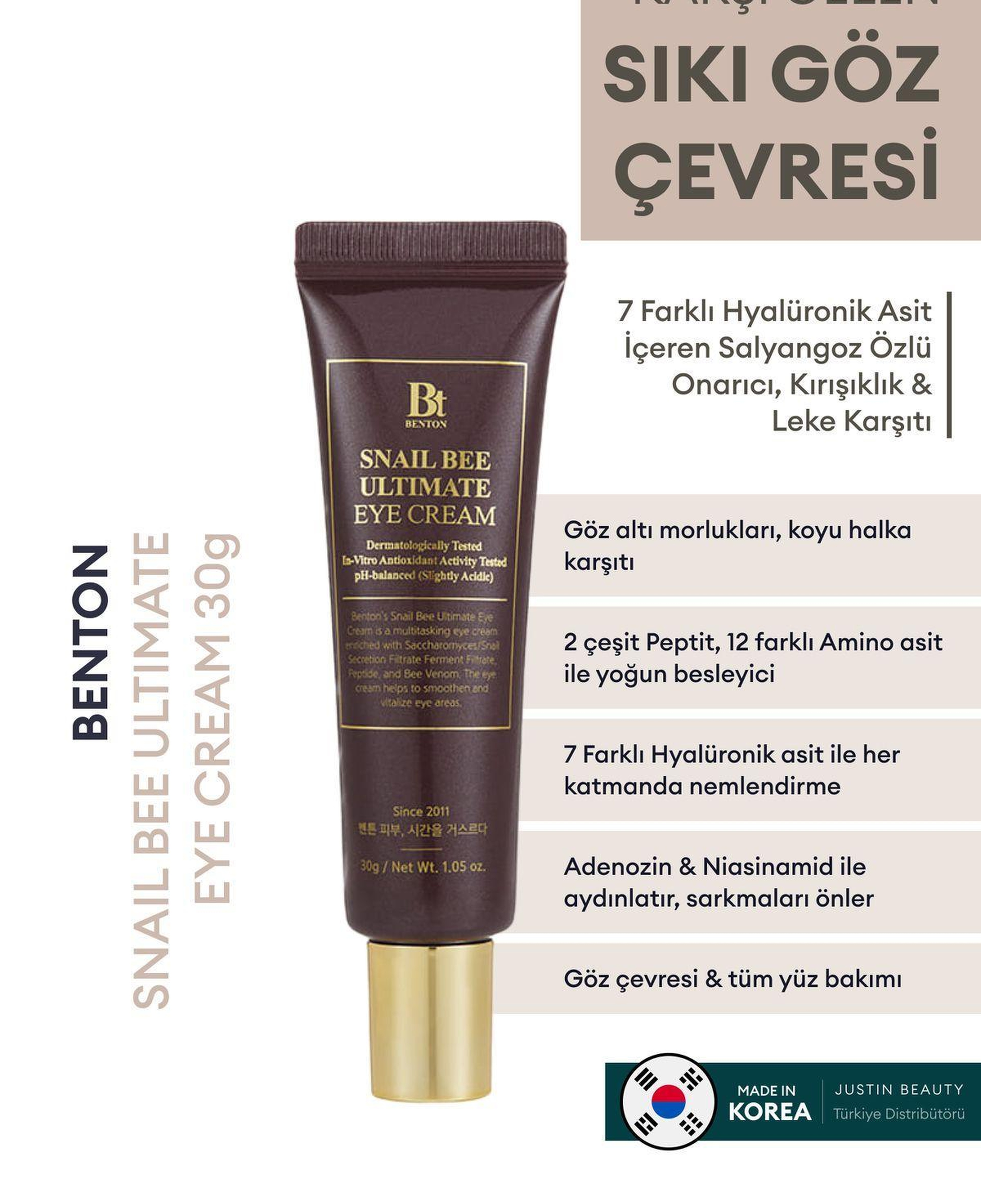 Benton Snail Bee Ultimate Eye Cream 30g - Morluk, Koyu Halka, Göz Altı Torba Karşıtı Kırışıklık Önleyici Salyangoz Özlü Göz Kremi